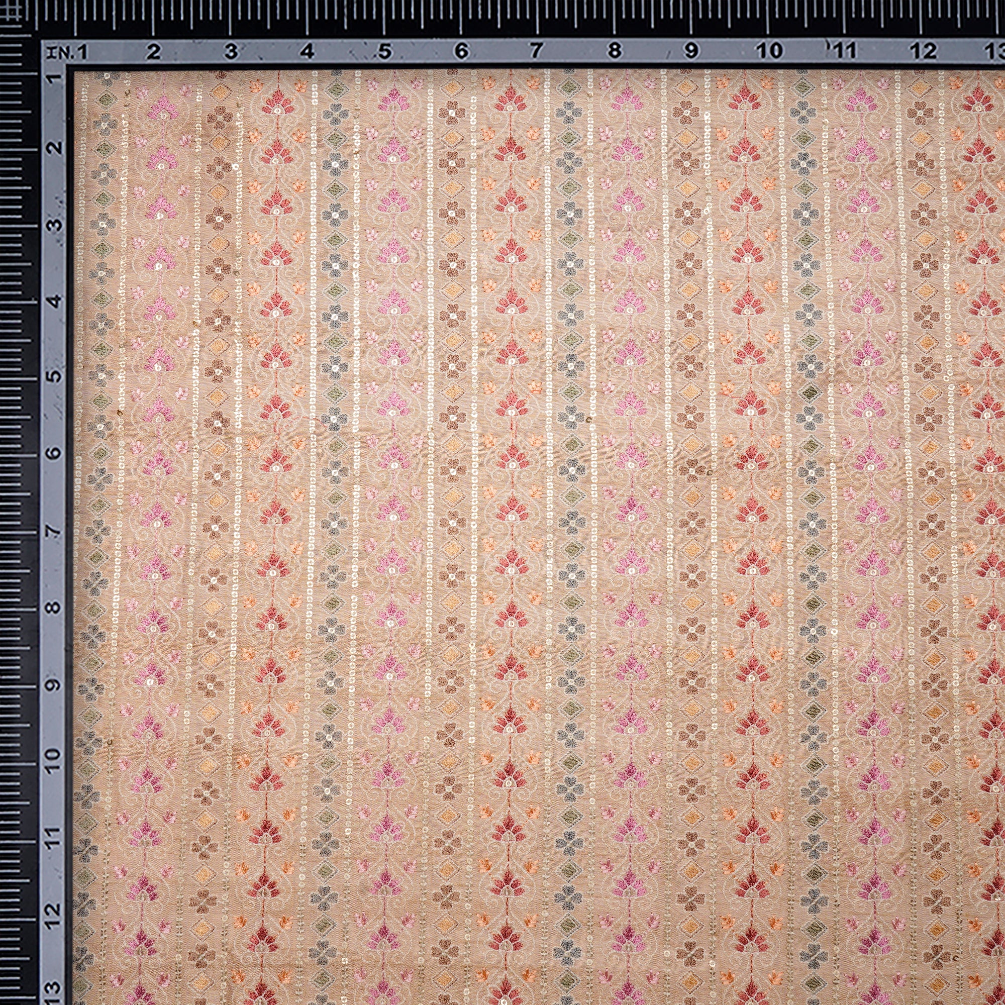 Peach All Over Pattern Thread & Sequins Embroidered Muga Silk Fabric