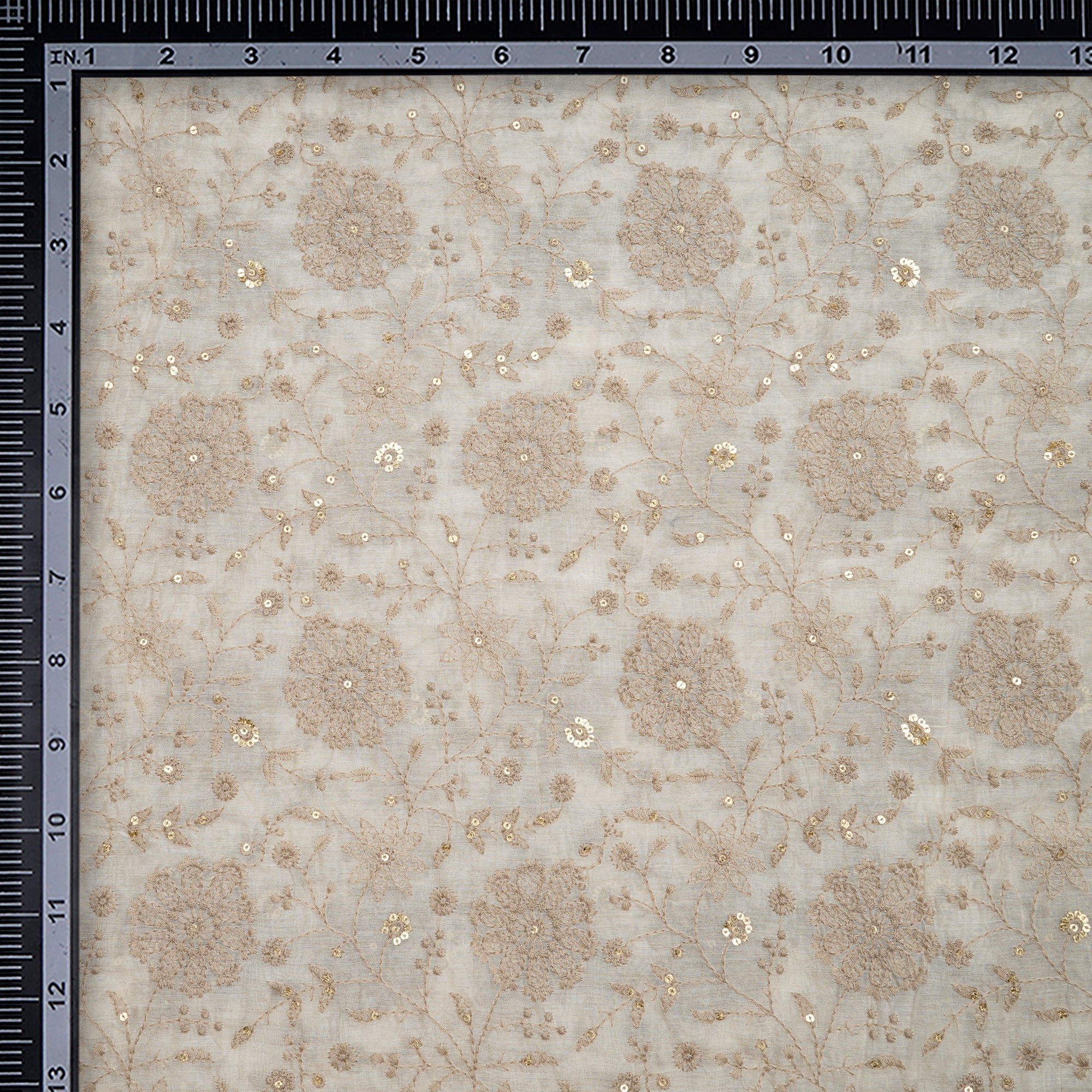 White Dyeable Floral Pattern Thread & Sequins Embroidered Chanderi Fabric