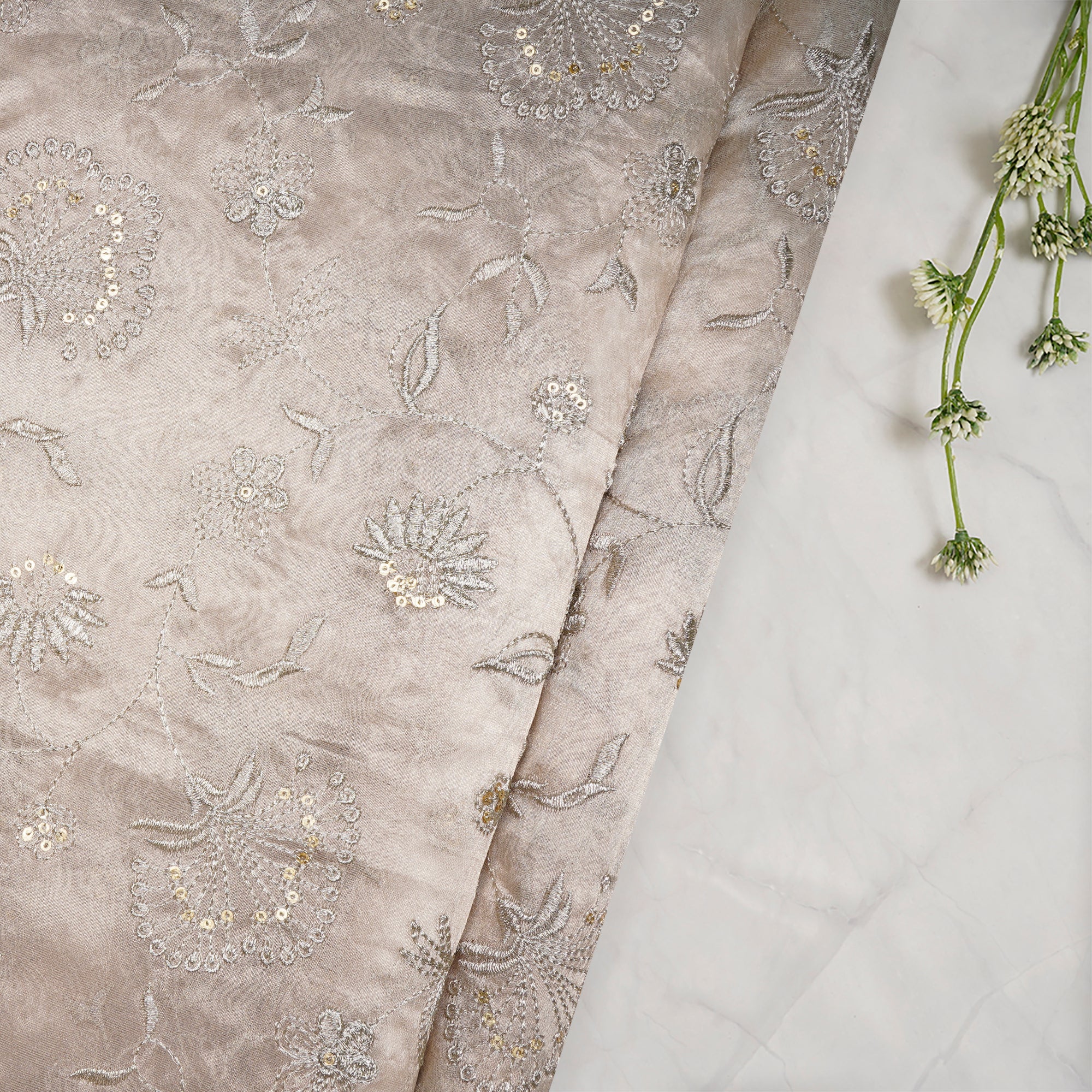 White-Gold Dyeable Floral Pattern Thread & Sequins Embroidered Tissue Fabric