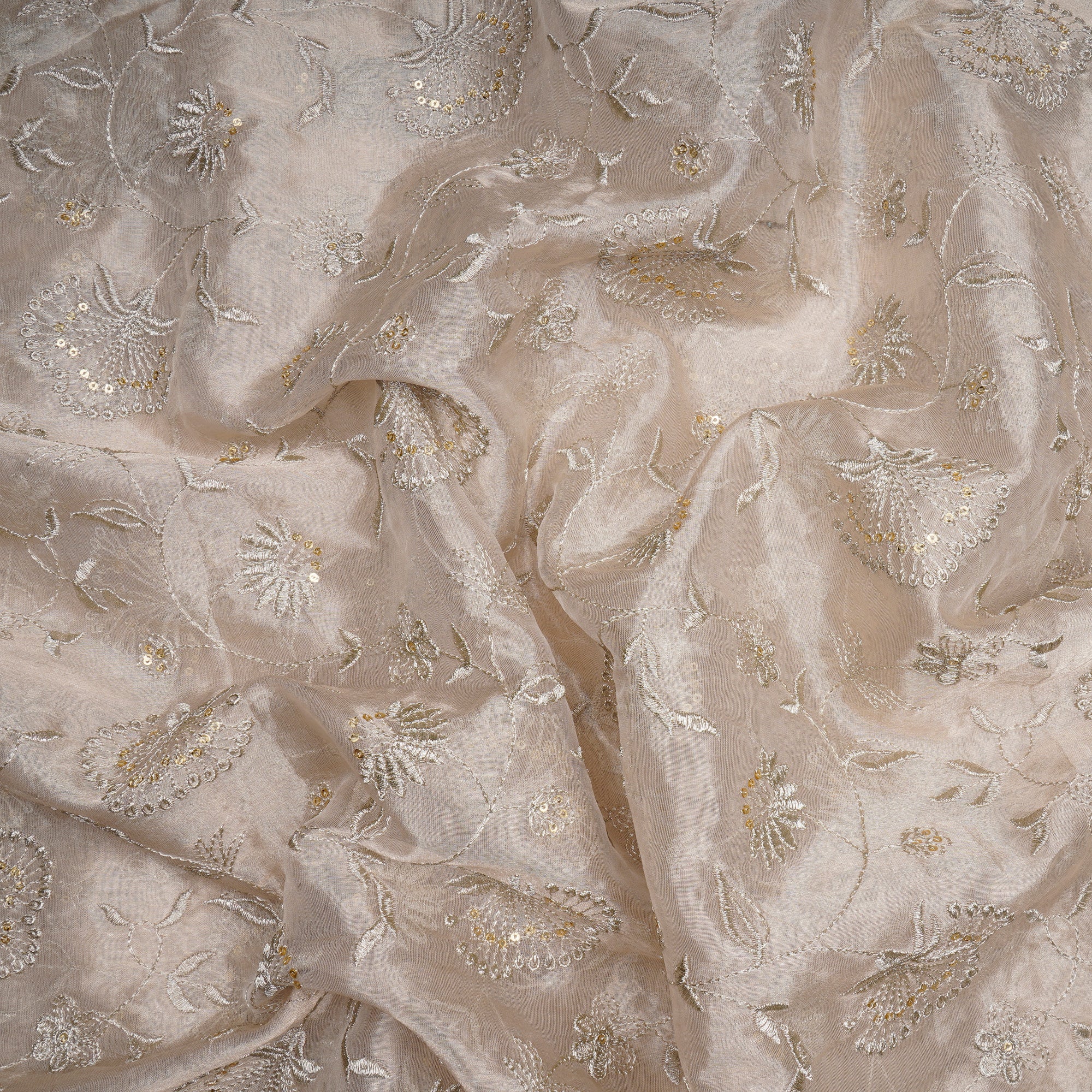 White-Gold Dyeable Floral Pattern Thread & Sequins Embroidered Tissue Fabric