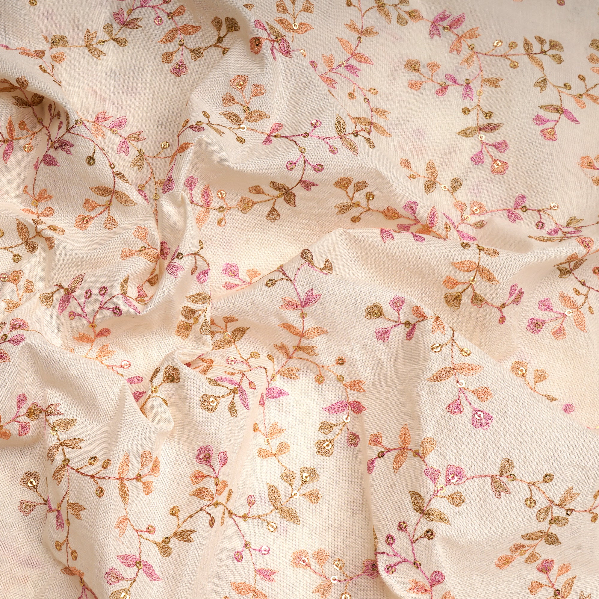 Cream All Over Pattern Embroidered with Thread & Sequine Cotton Fabric