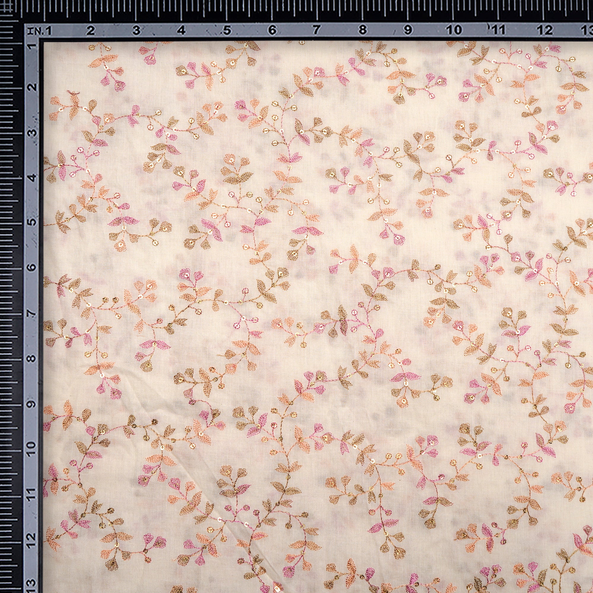 Cream All Over Pattern Embroidered with Thread & Sequine Cotton Fabric