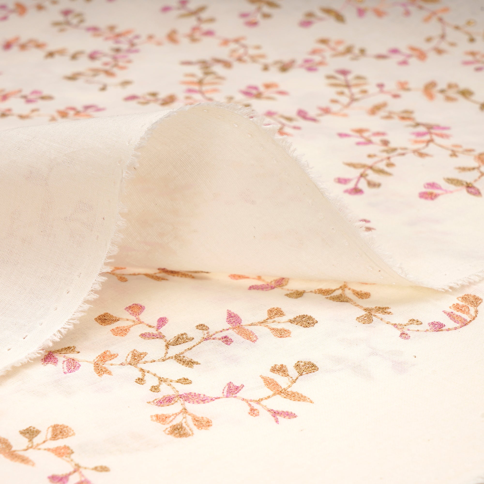 Cream All Over Pattern Embroidered with Thread & Sequine Cotton Fabric