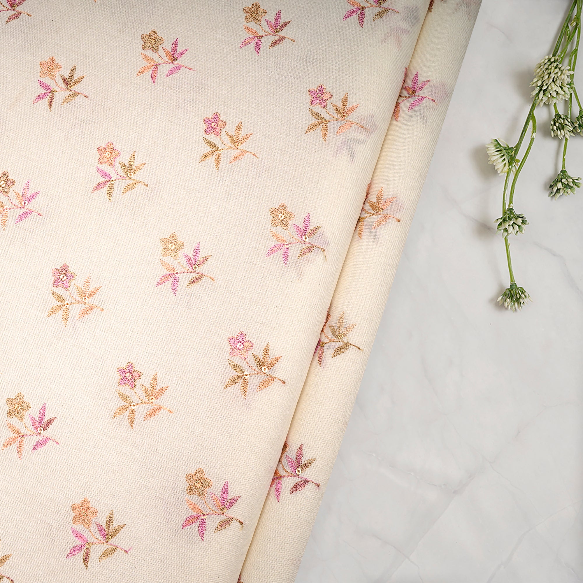 Cream All Over Pattern Embroidered with Thread & Sequine Cotton Fabric