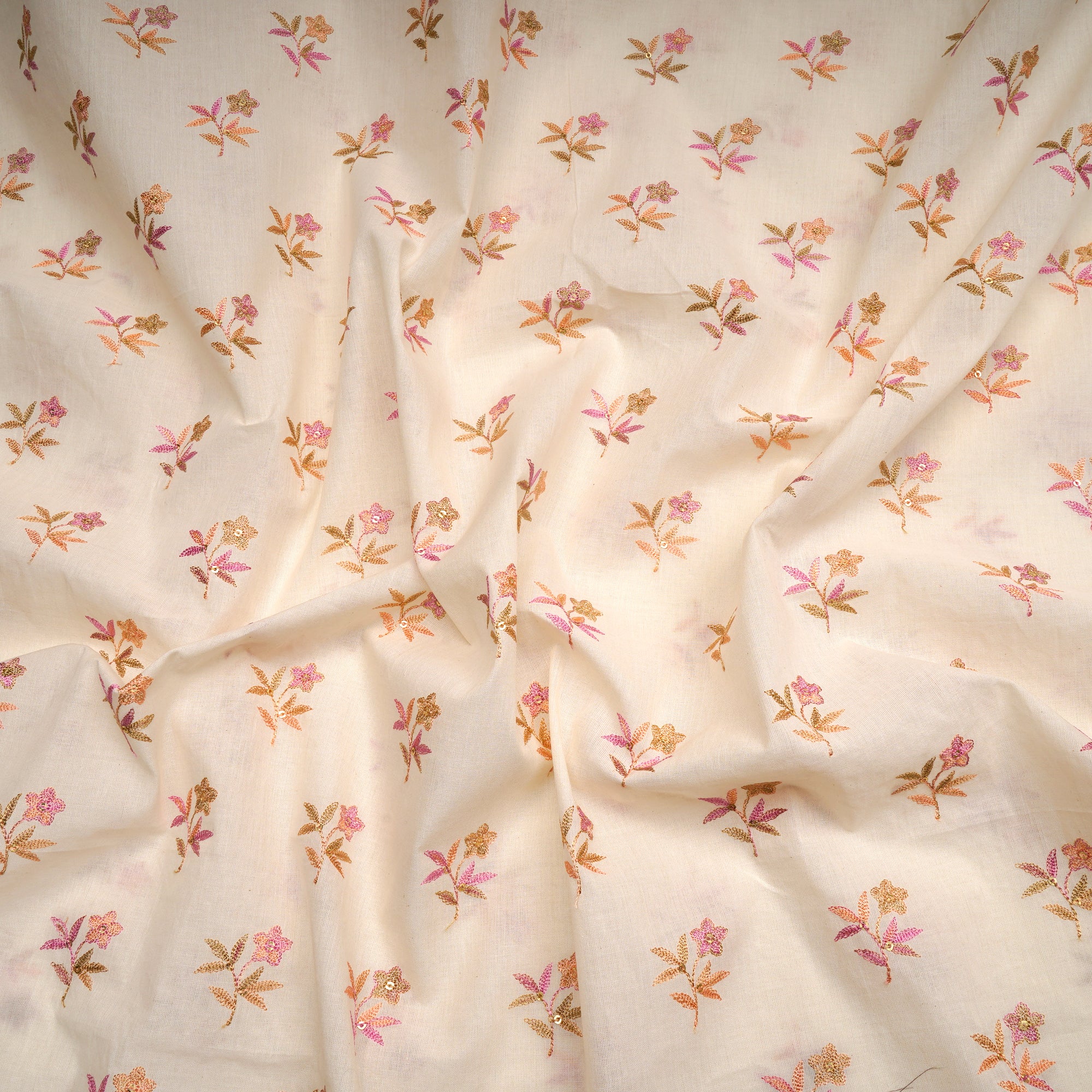 Cream All Over Pattern Embroidered with Thread & Sequine Cotton Fabric