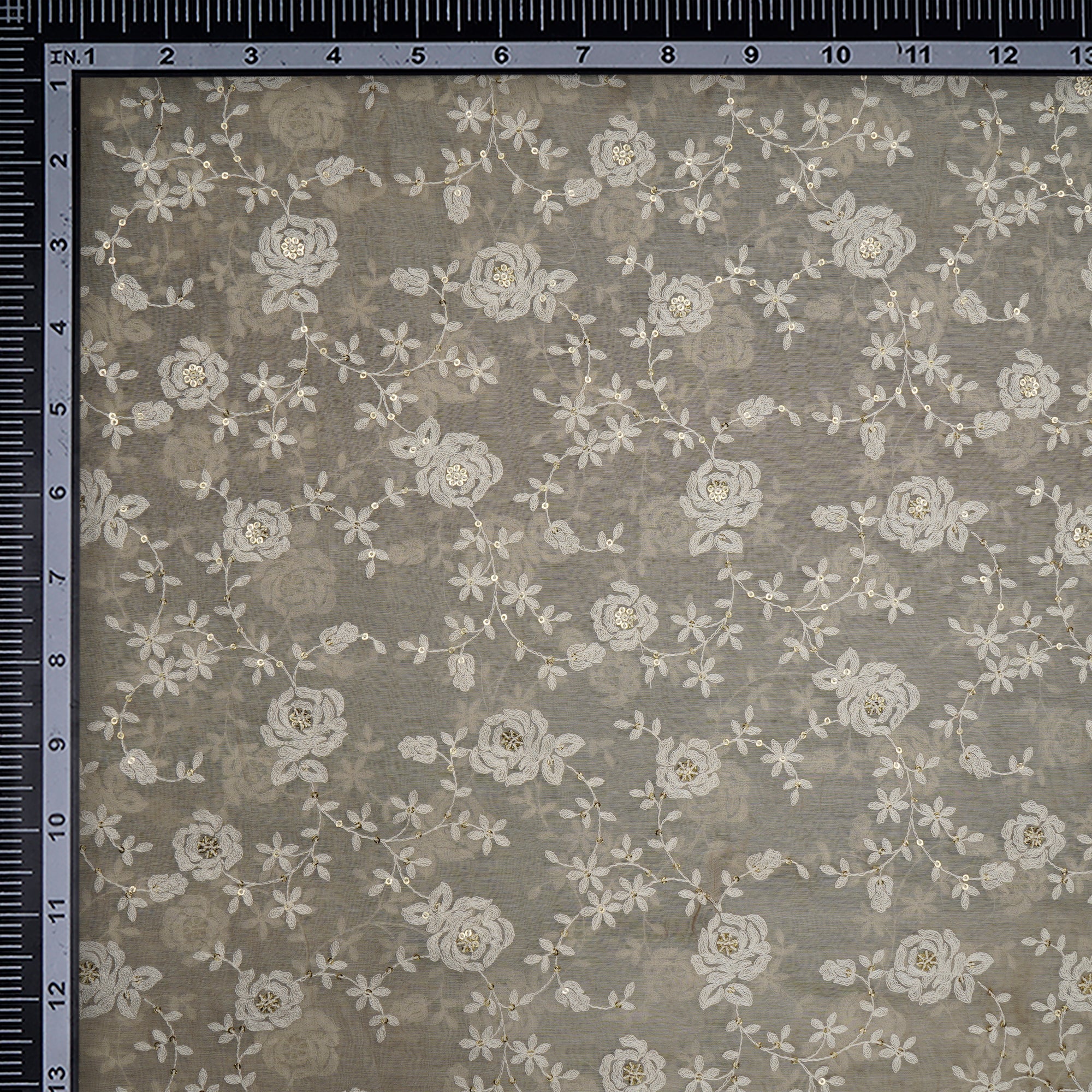 Light Grey Floral Pattern Thread & Sequin Embroidered Fine Chanderi Fabric