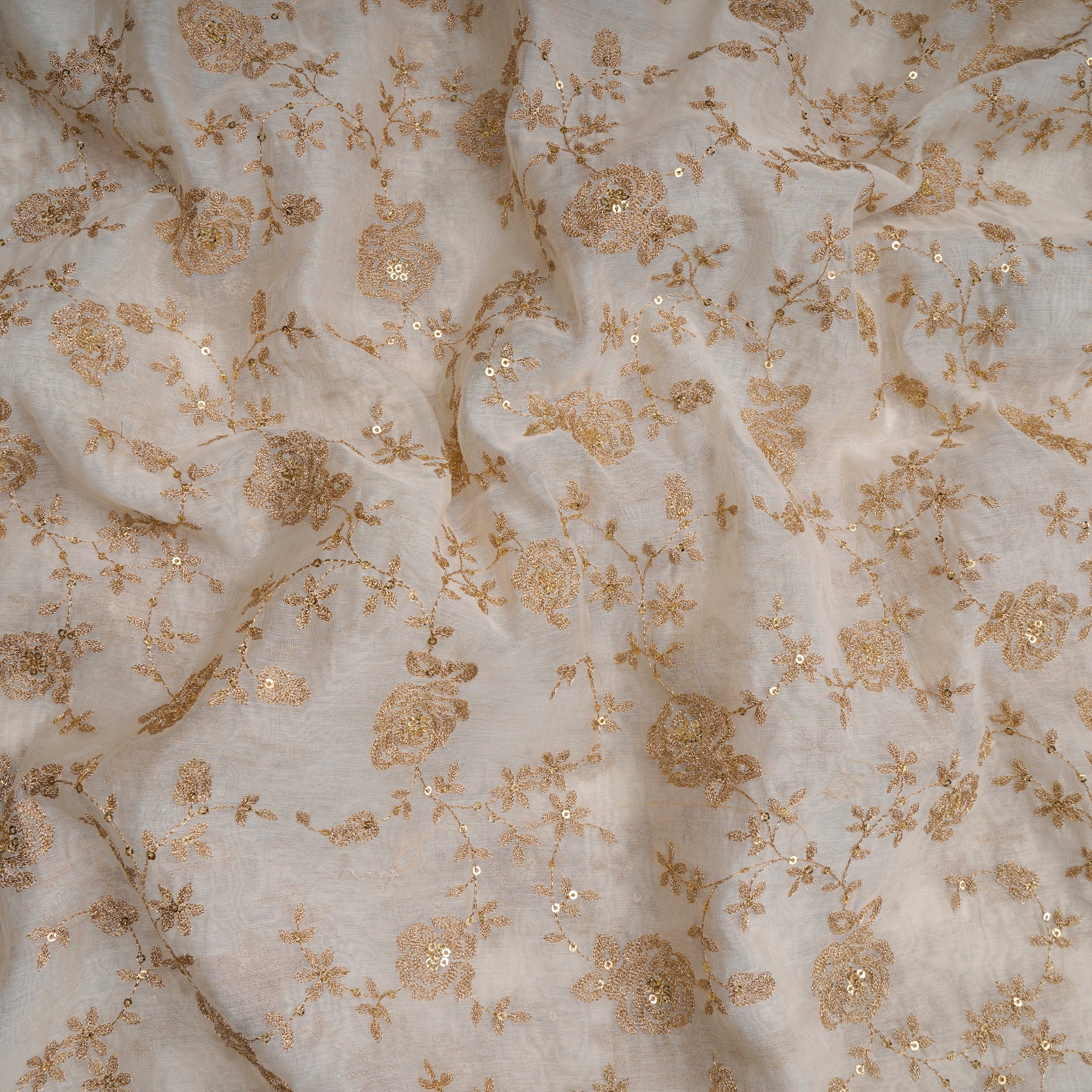 White All Over Pattern Thread & Sequin Embroidered Chanderi Fabric