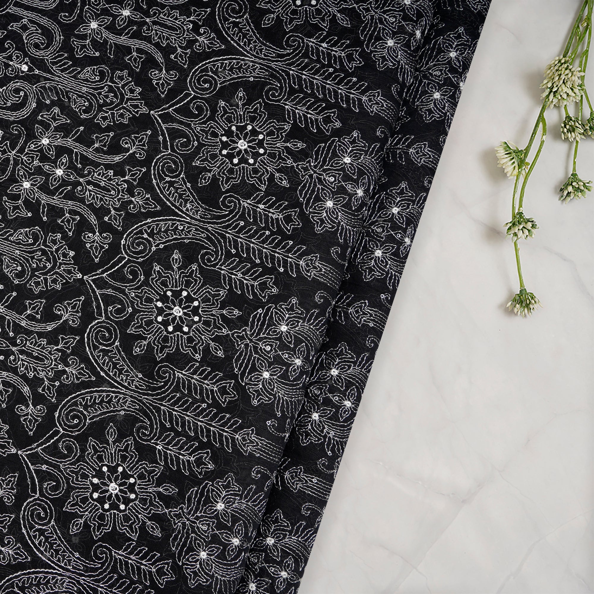 Black Dyed All Over Pattern Thread & Sequin Embroidered Chanderi Fabric