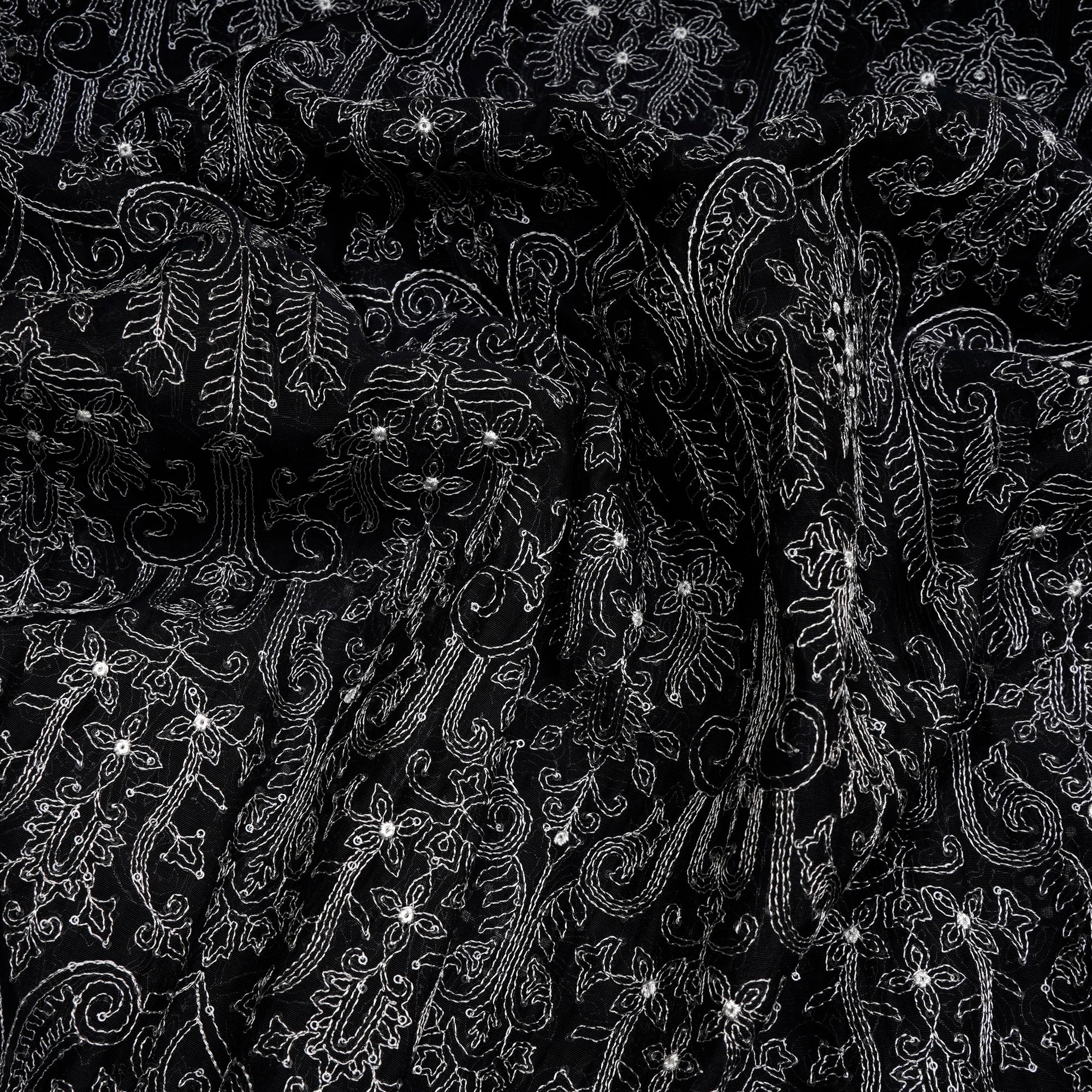 Black Dyed All Over Pattern Thread & Sequin Embroidered Chanderi Fabric