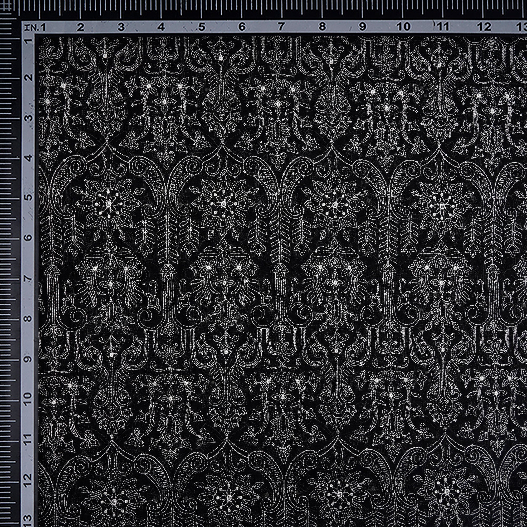 Black Dyed All Over Pattern Thread & Sequin Embroidered Chanderi Fabric