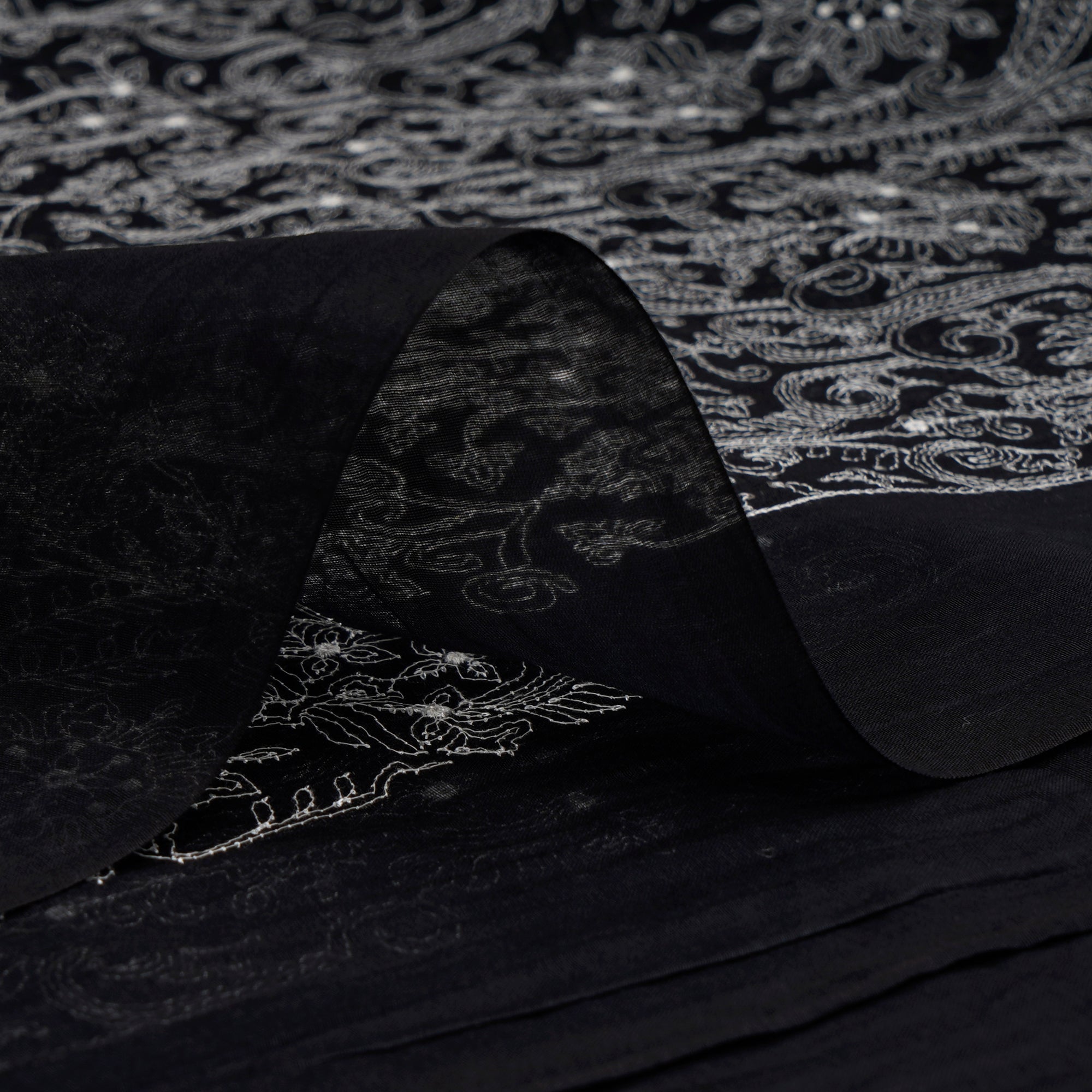 Black Dyed All Over Pattern Thread & Sequin Embroidered Chanderi Fabric