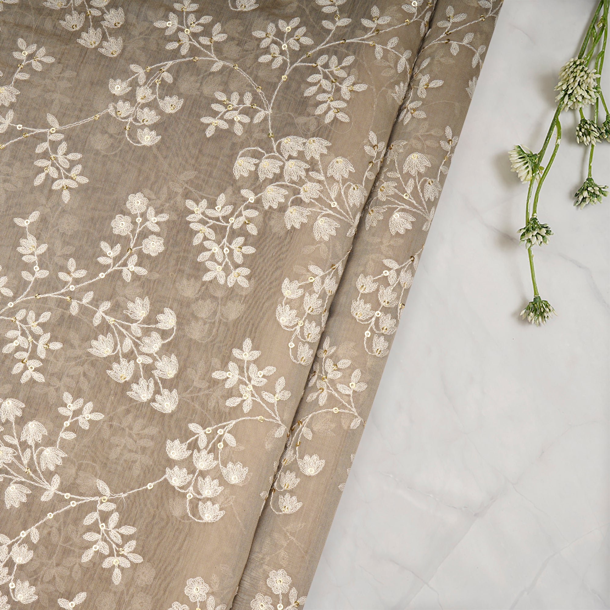 Light Grey Dyed All Over Pattern Thread & Sequin Embroidered Chanderi Fabric