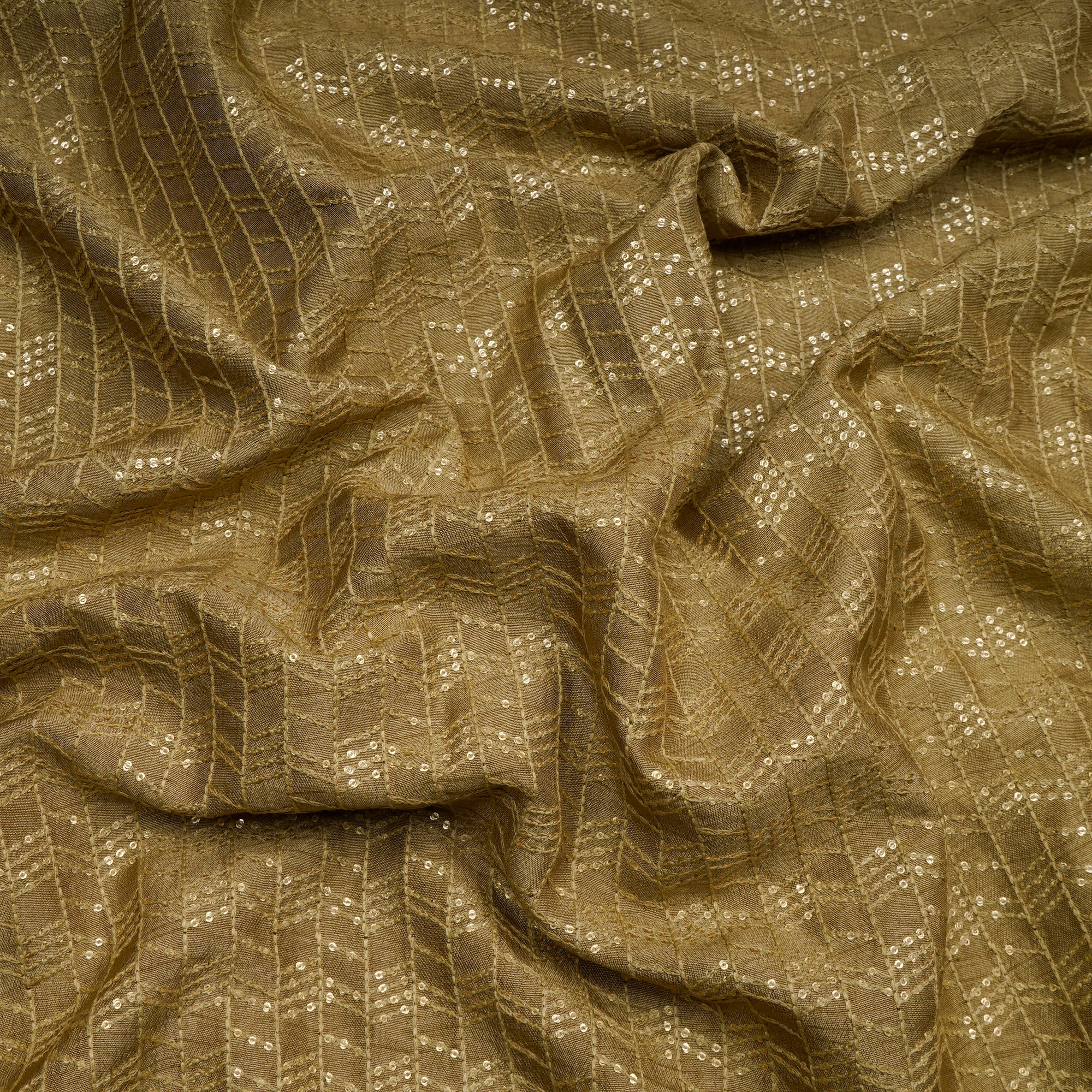 Pampas All Over Pattern Thread & Sequin Embroidered Mysore Silk Fabric