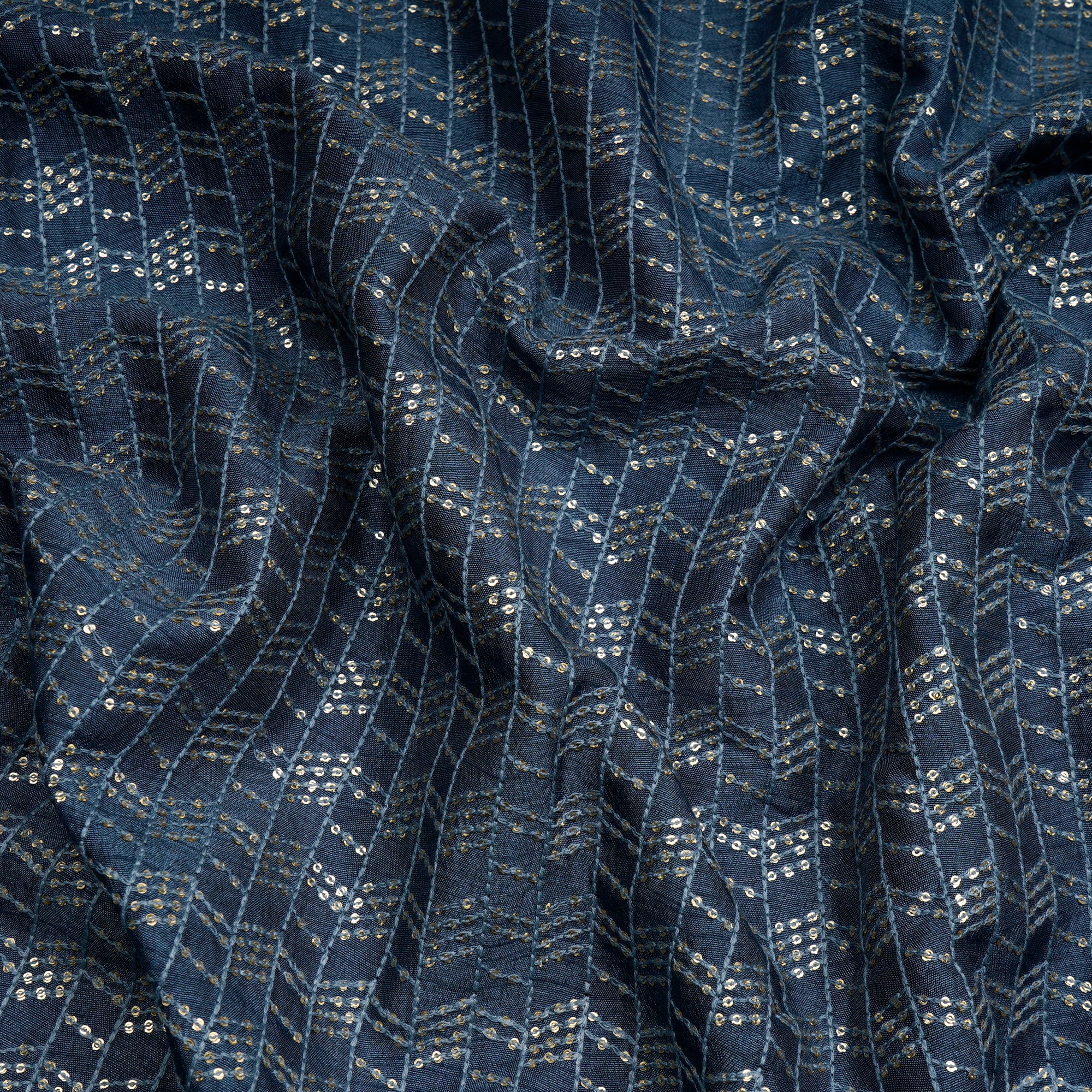 Washed Blue All Over Pattern Thread & Sequin Embroidered Mysore Silk Fabric