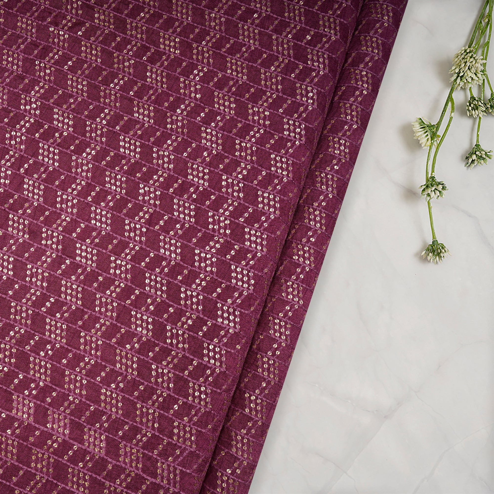 Purple All Over Pattern Thread & Sequin Embroidered Mysore Silk Fabric