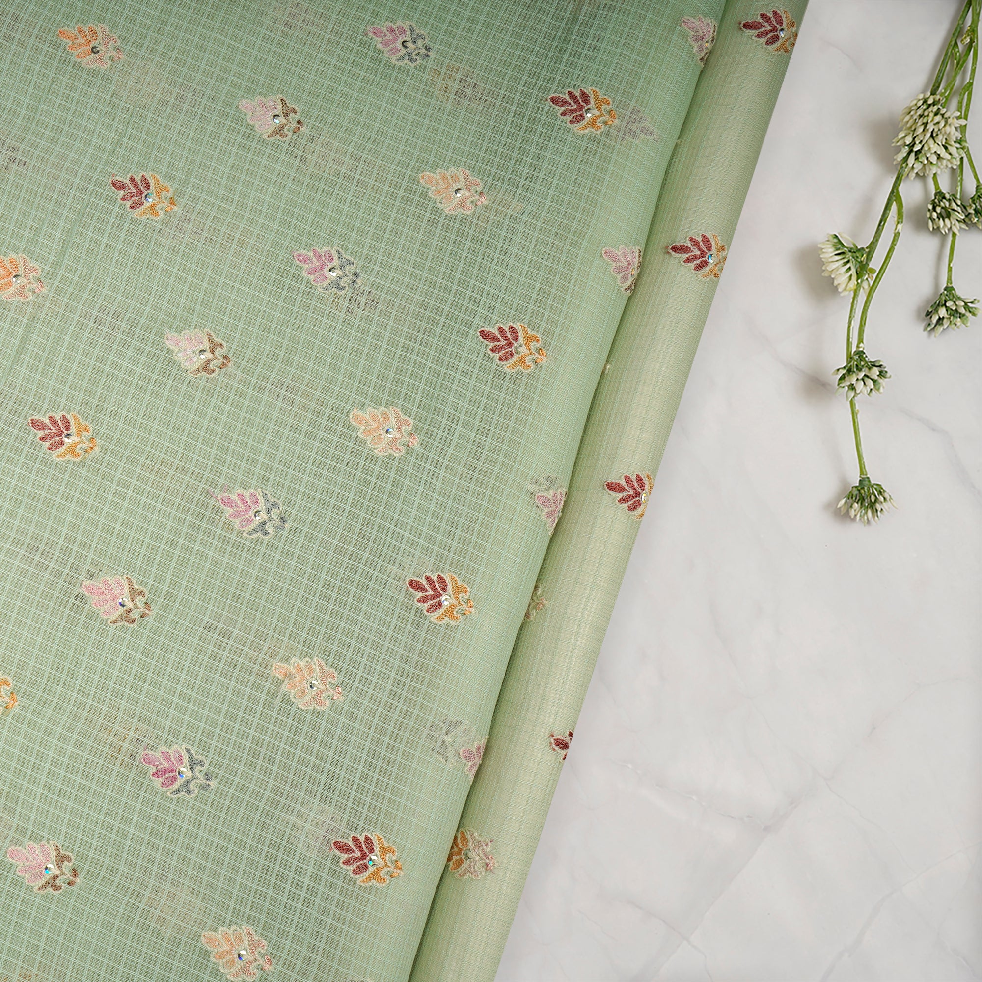 Pastel Green Booti Pattern Thread & Sequin  Embroidered Cotton Kota Fabric