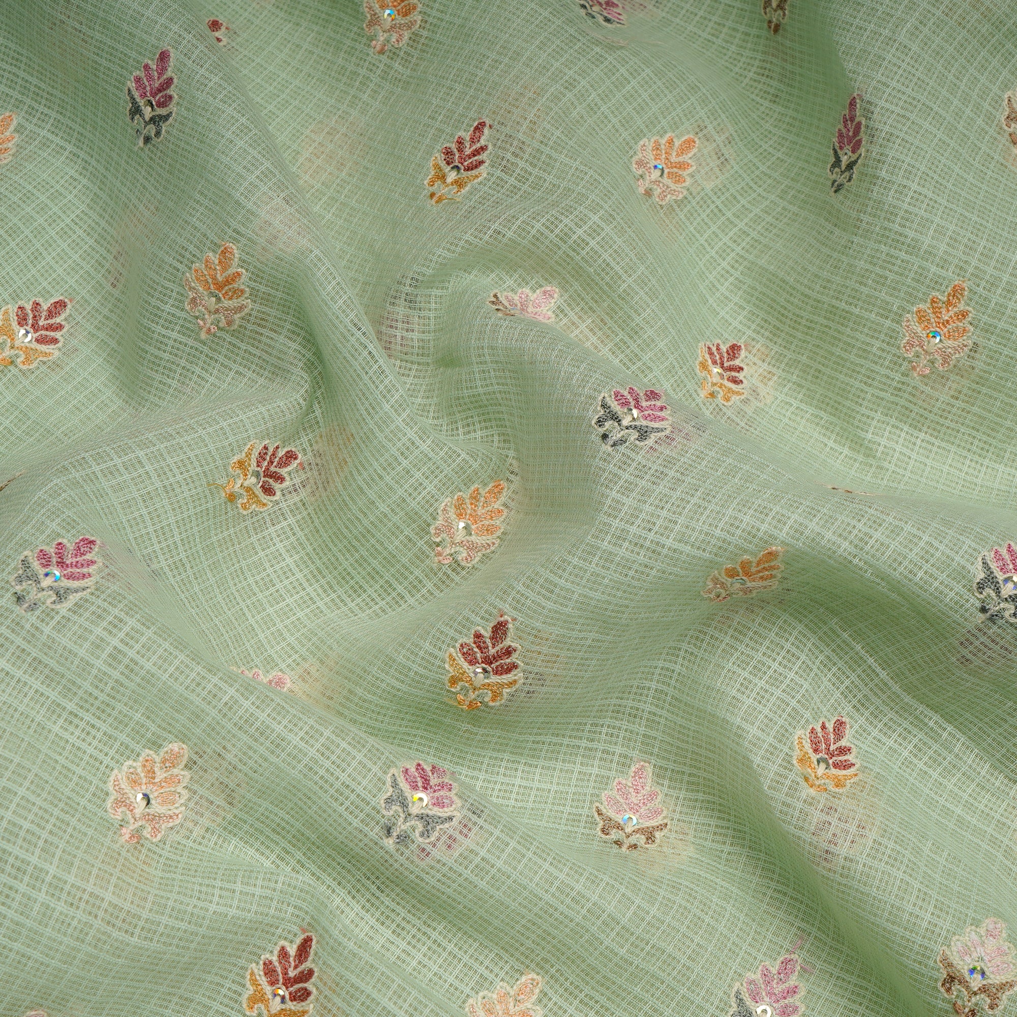 Pastel Green Booti Pattern Thread & Sequin  Embroidered Cotton Kota Fabric