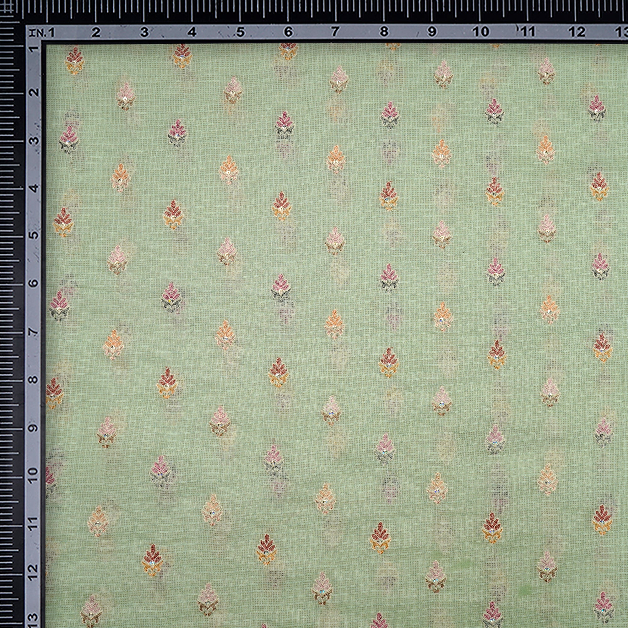 Pastel Green Booti Pattern Thread & Sequin  Embroidered Cotton Kota Fabric