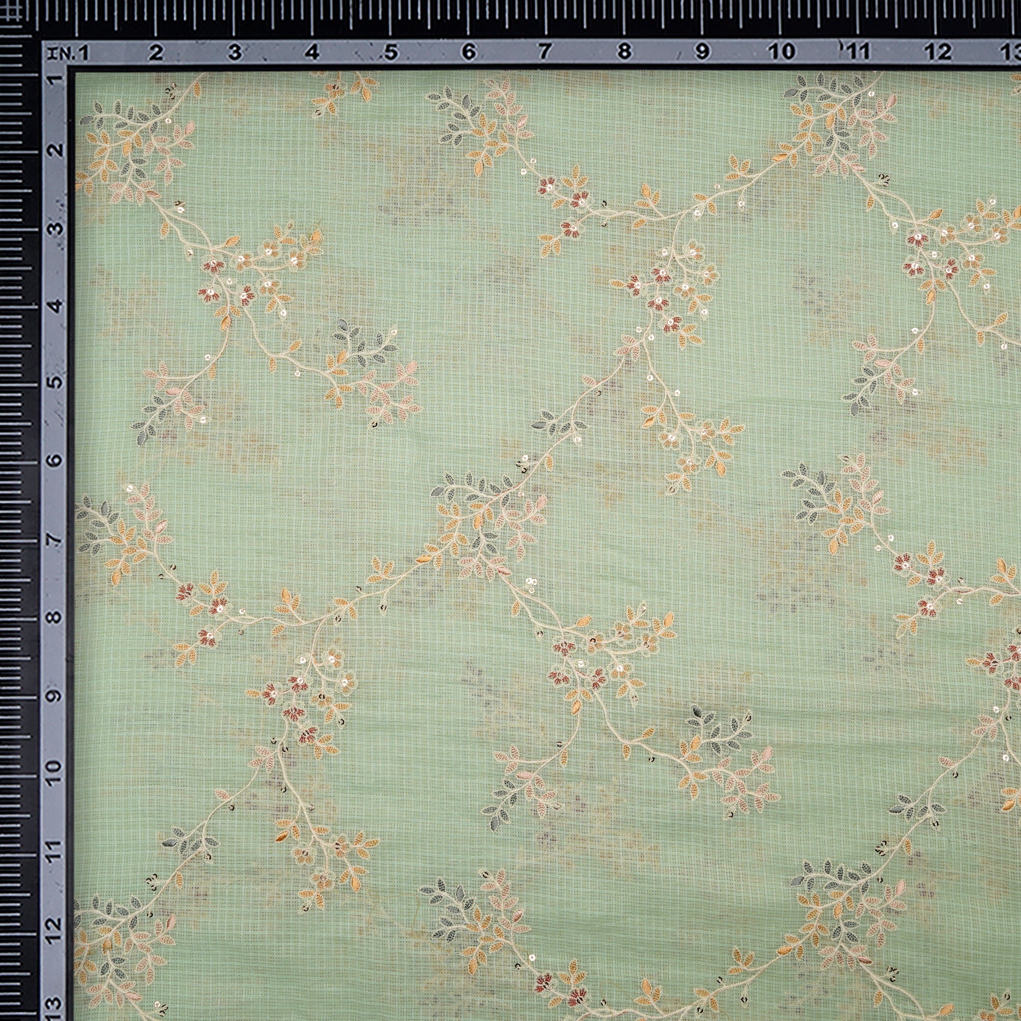 Pastel Green All Over Pattern Thread & Sequin  Embroidered Cotton Kota Fabric