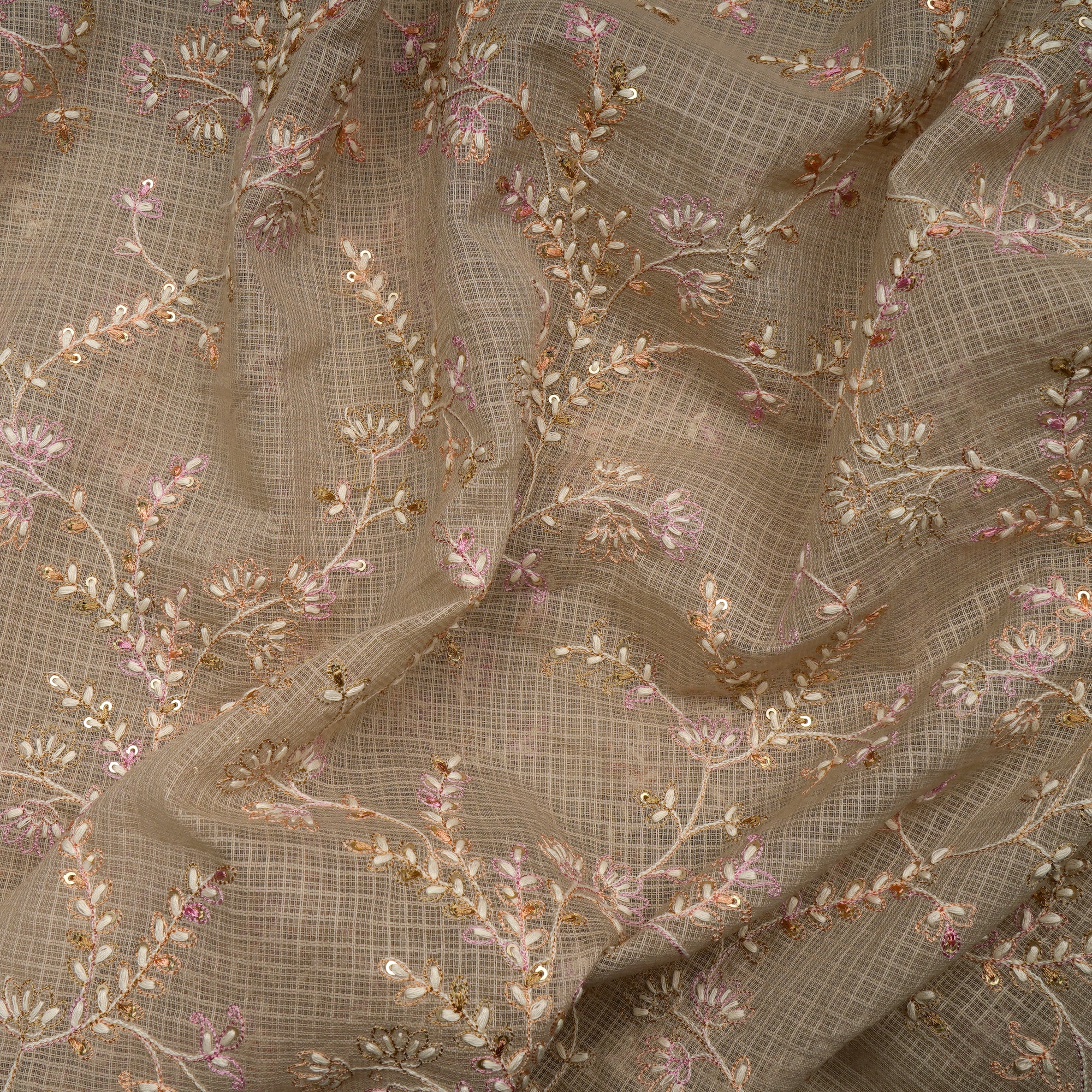 Light Beige Floral Pattern Thread & Sequin  Embroidered Cotton Kota Fabric