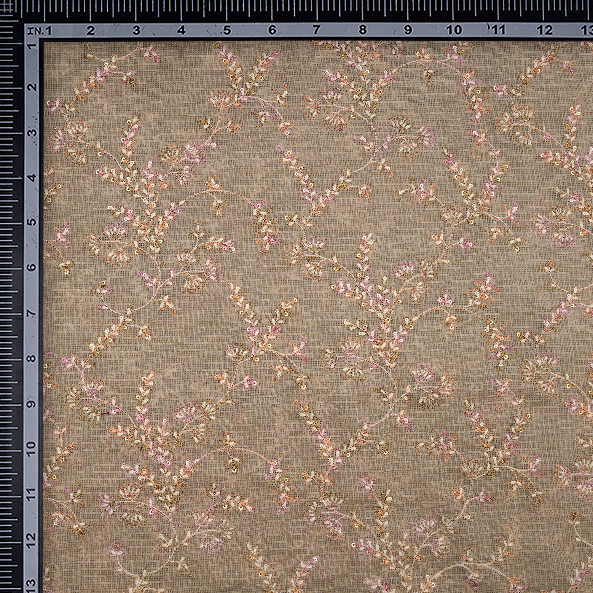 Light Beige Floral Pattern Thread & Sequin  Embroidered Cotton Kota Fabric