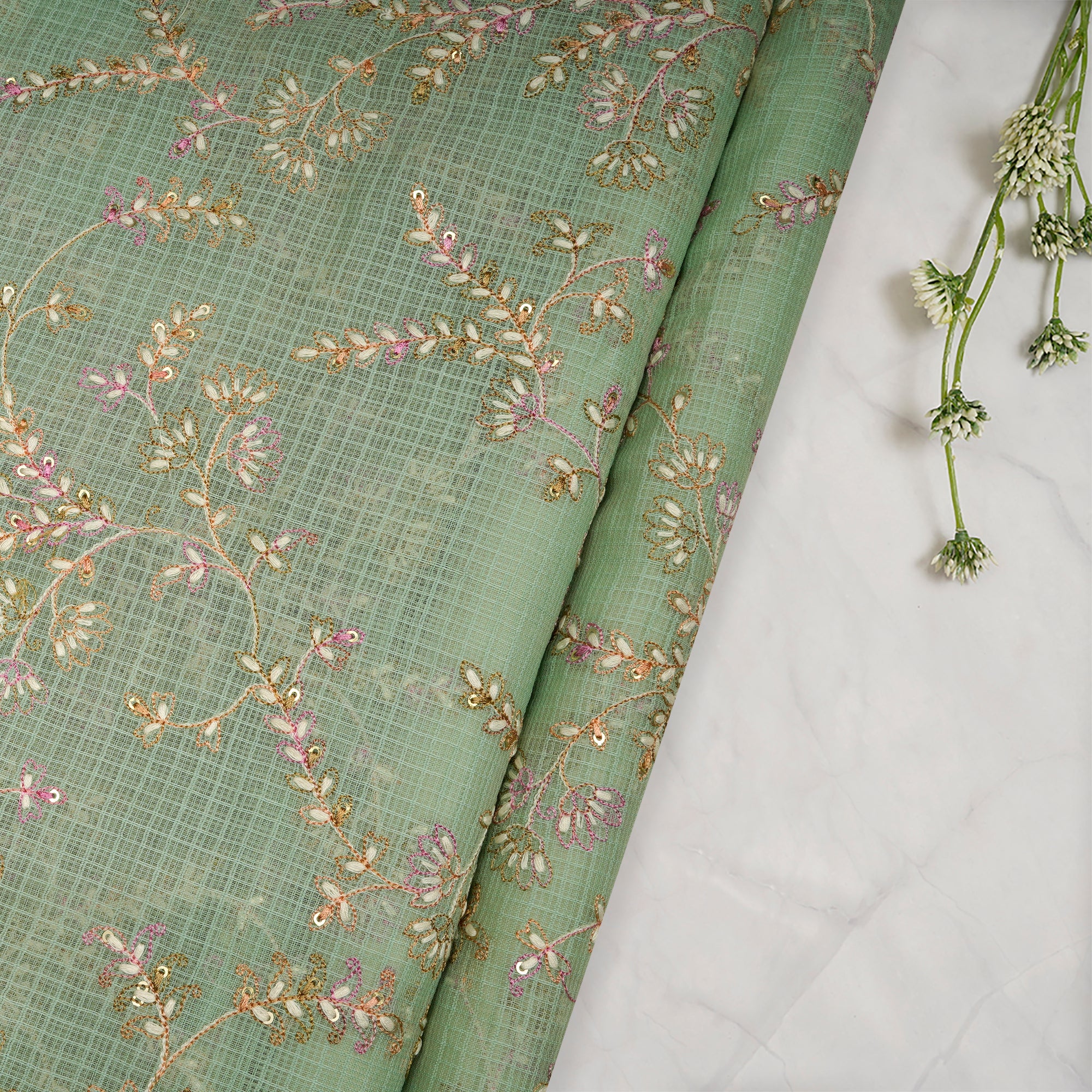 Pastel Green Floral Pattern Thread & Sequin  Embroidered Cotton Kota Fabric
