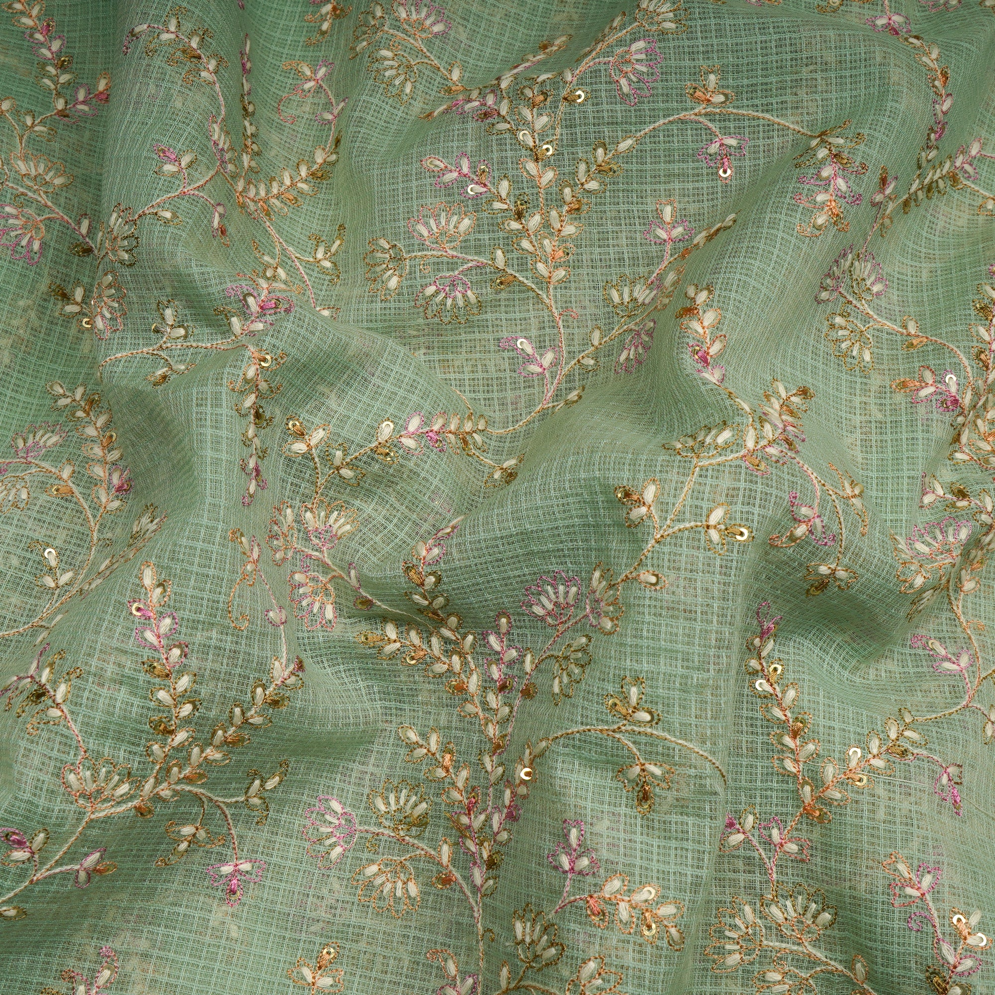 Pastel Green Floral Pattern Thread & Sequin  Embroidered Cotton Kota Fabric