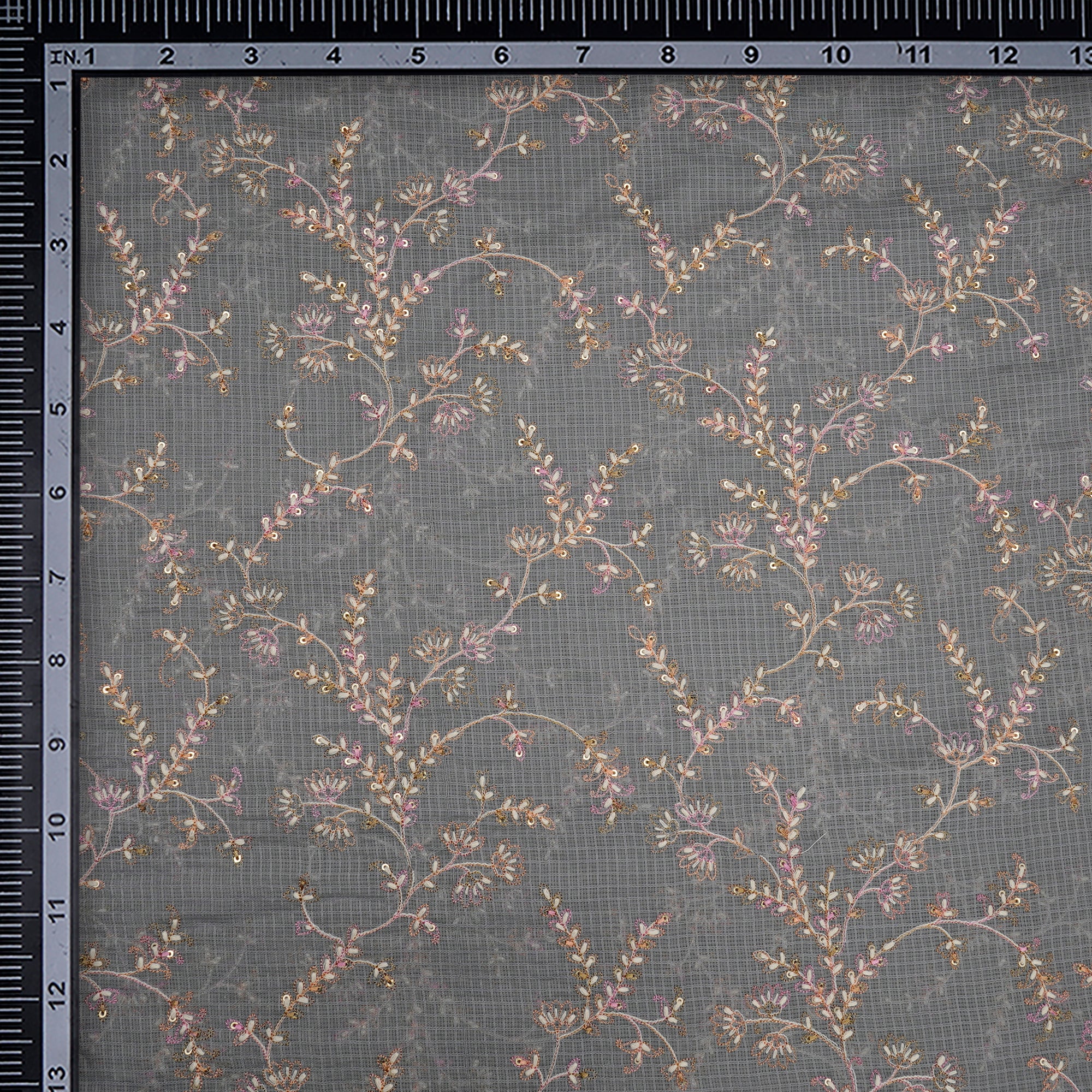 Light Grey Floral Pattern Thread & Sequin  Embroidered Cotton Kota Fabric