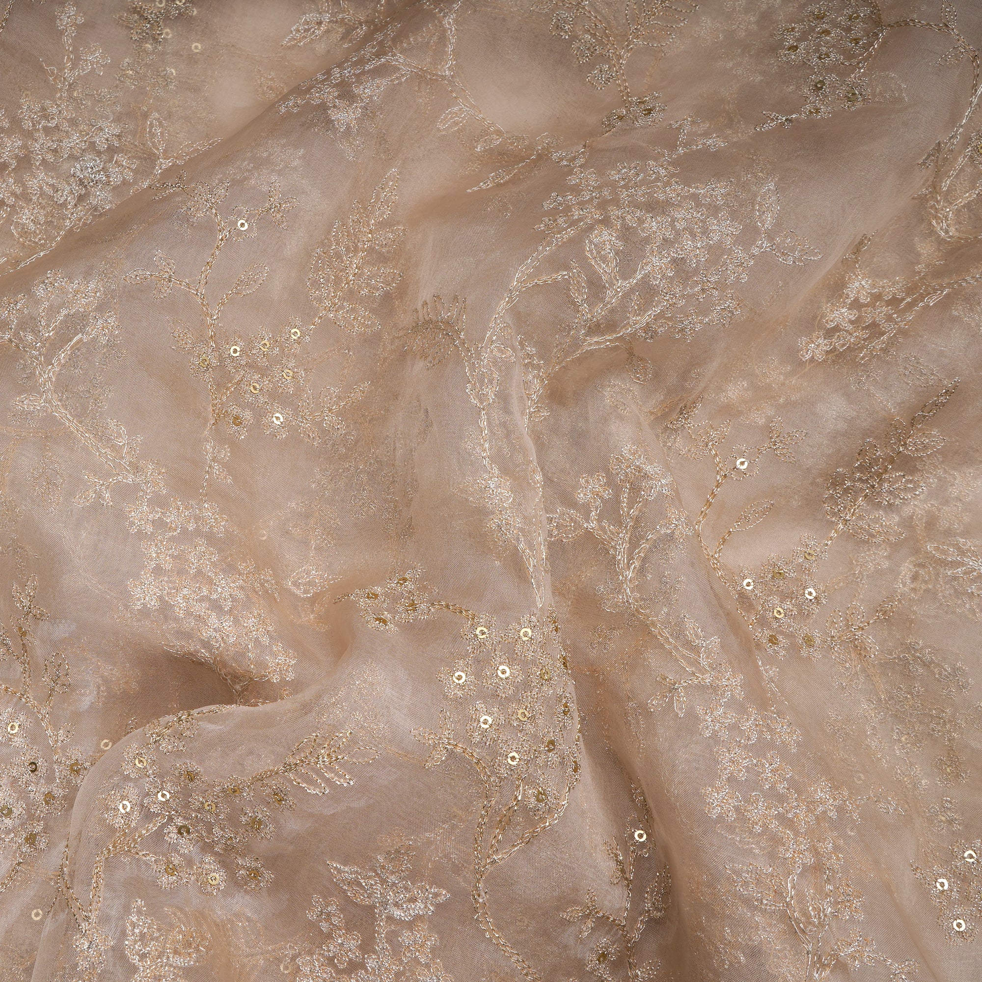Sea Salt All Over Pattern Thread & Sequin  Embroidered Organza Silk Fabric