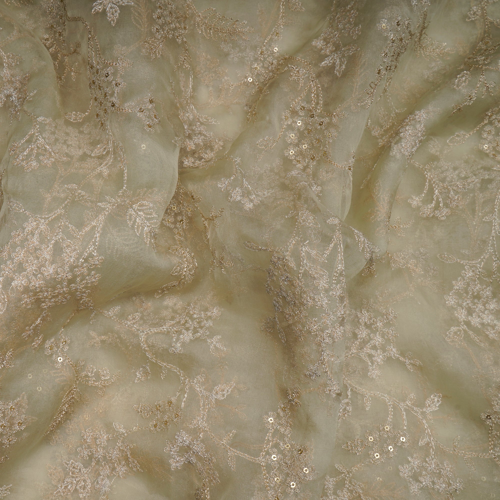 Almost Aqua All Over Pattern Thread & Sequin  Embroidered Organza Silk Fabric