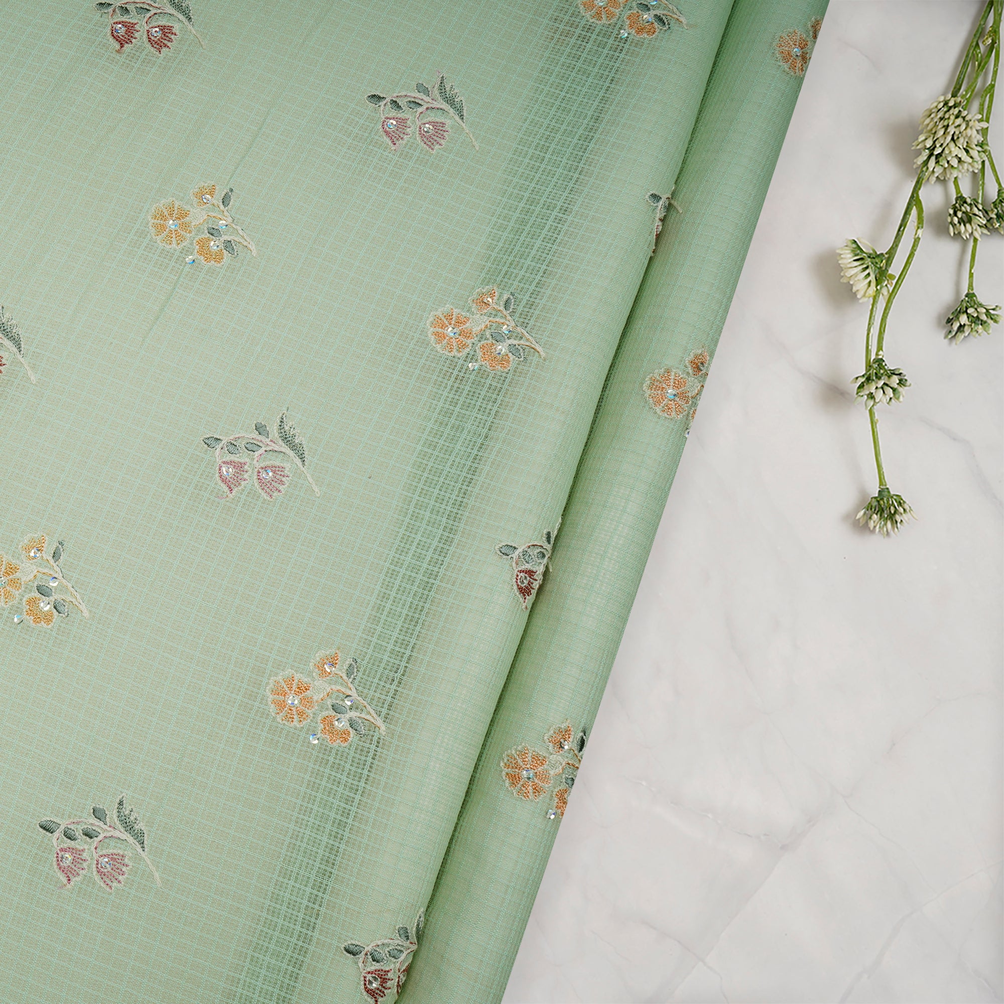 Pastel Green Motif Pattern Thread & Sequin Embroidered Cotton Kota Fabric