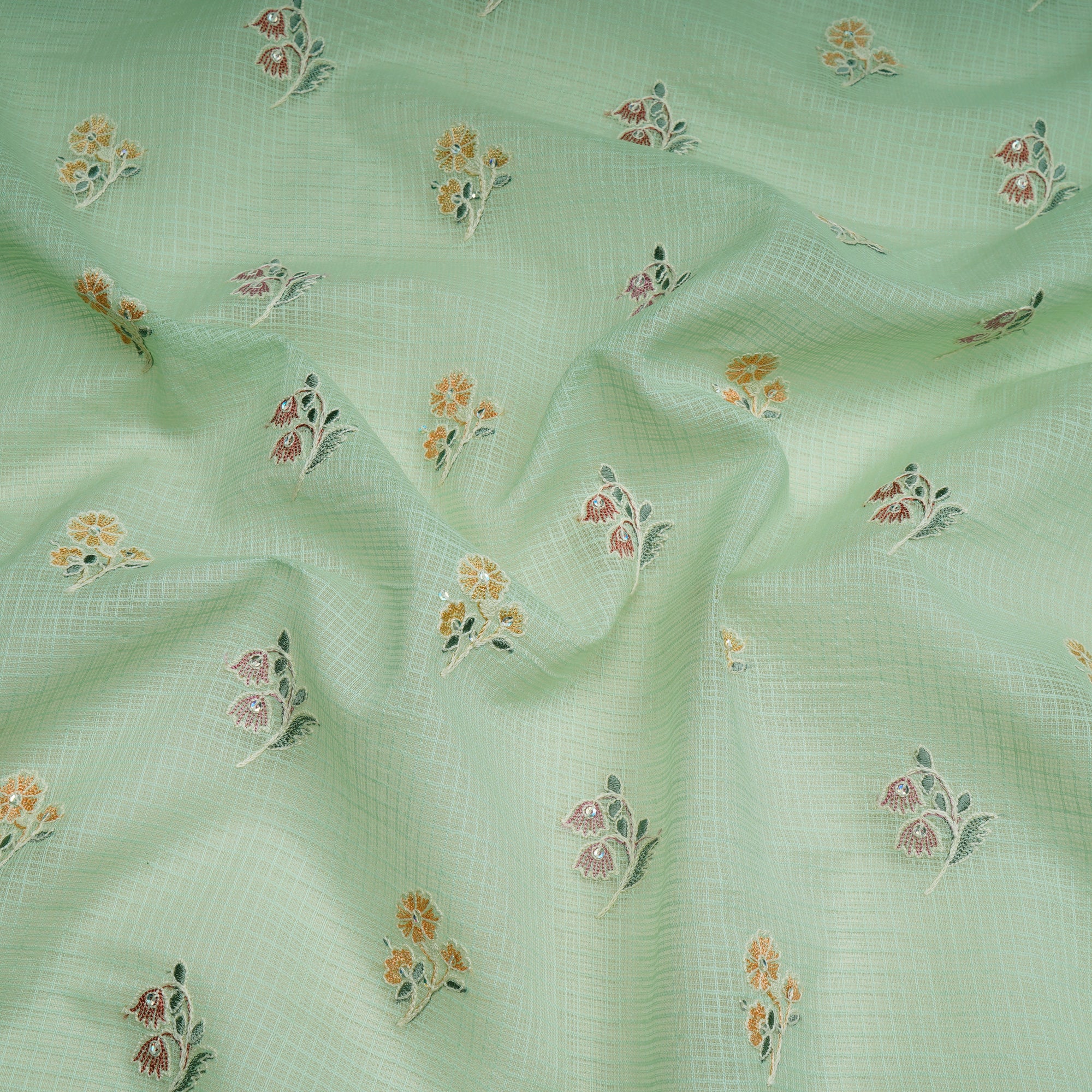 Pastel Green Motif Pattern Thread & Sequin Embroidered Cotton Kota Fabric