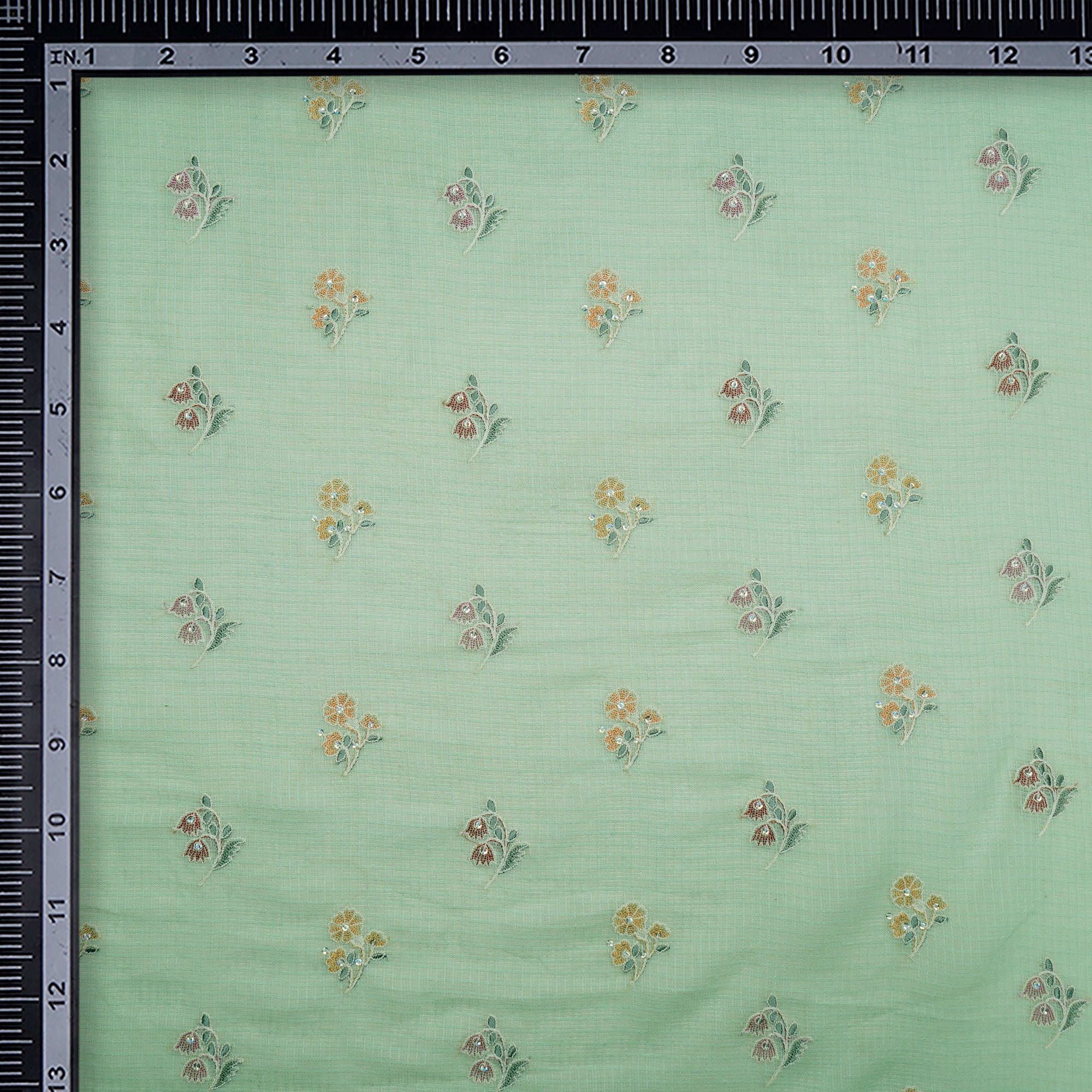 Pastel Green Motif Pattern Thread & Sequin Embroidered Cotton Kota Fabric