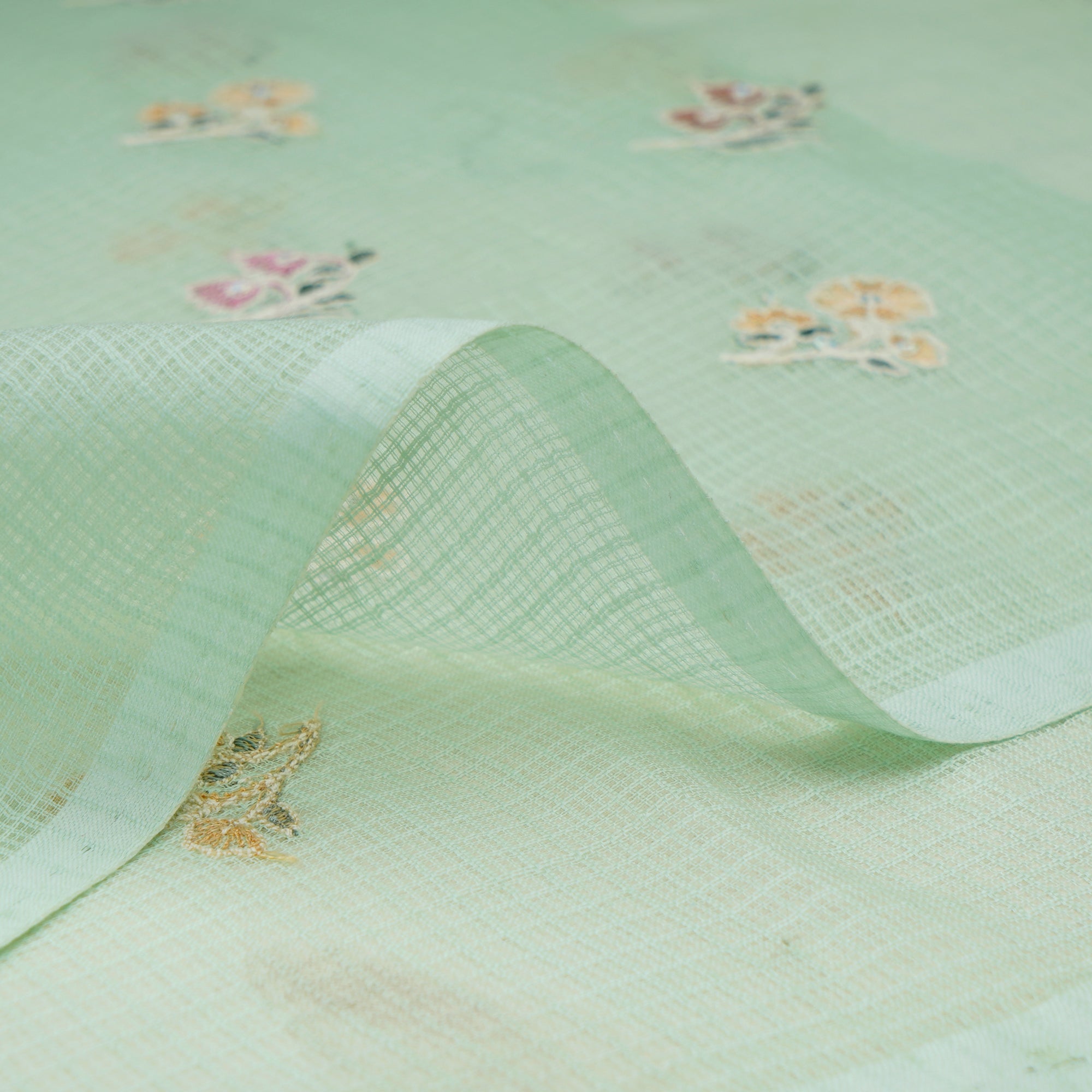 Pastel Green Motif Pattern Thread & Sequin Embroidered Cotton Kota Fabric