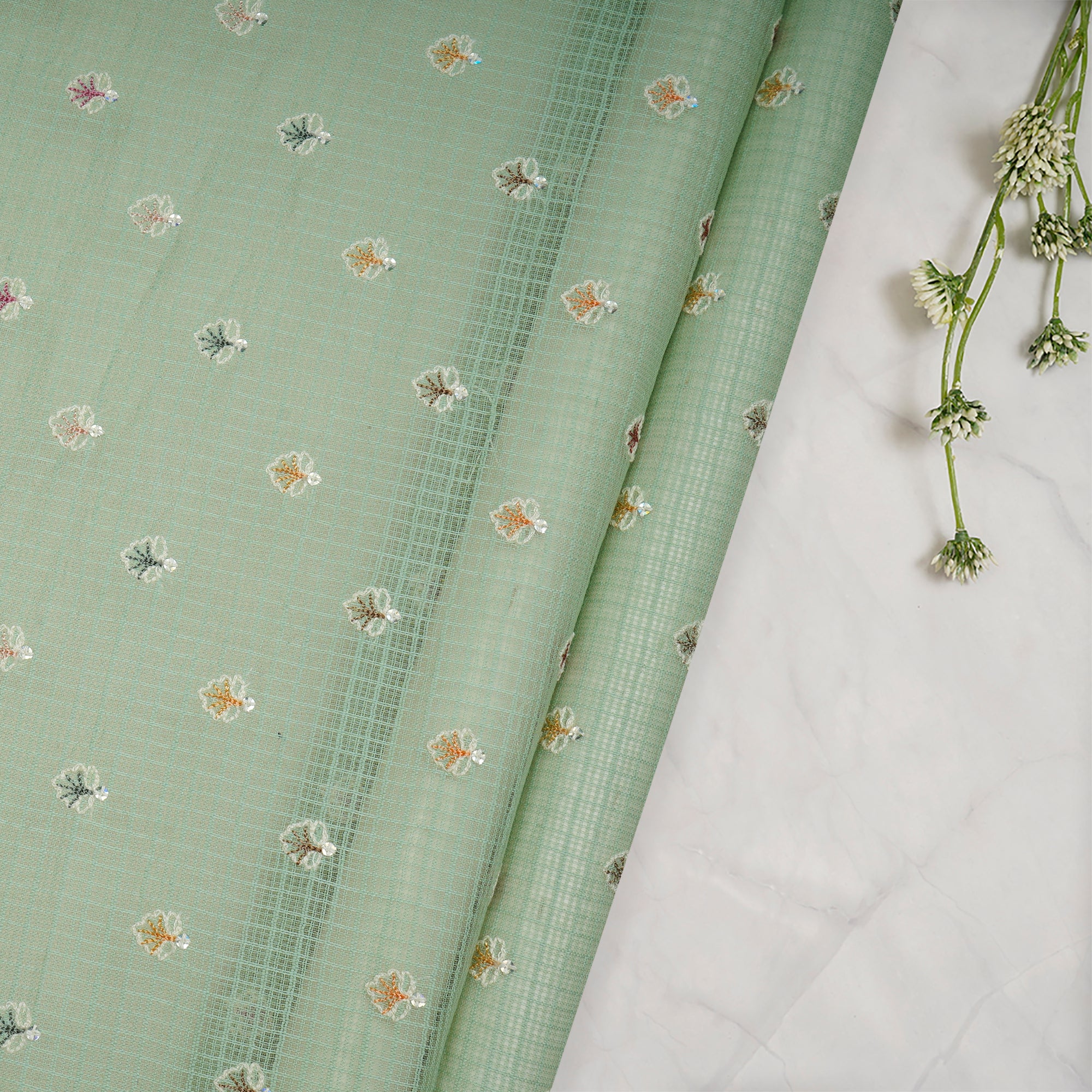 Pastel Green Booti Pattern Thread & Sequin Embroidered Cotton Kota Fabric