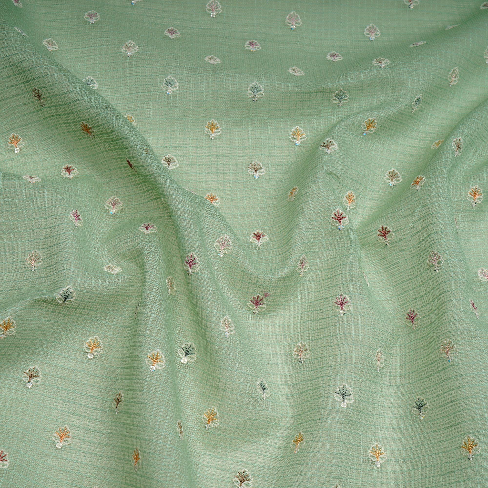 Pastel Green Booti Pattern Thread & Sequin Embroidered Cotton Kota Fabric