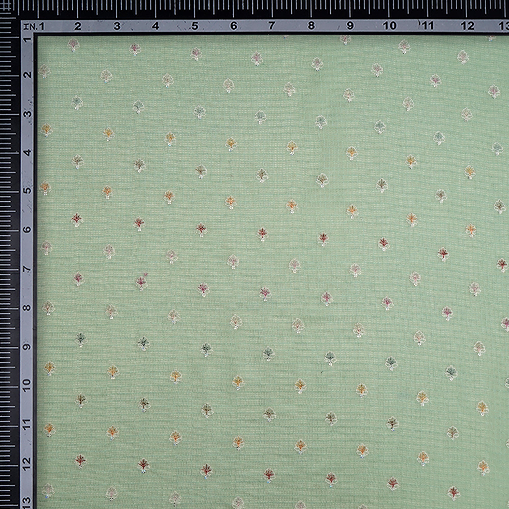 Pastel Green Booti Pattern Thread & Sequin Embroidered Cotton Kota Fabric