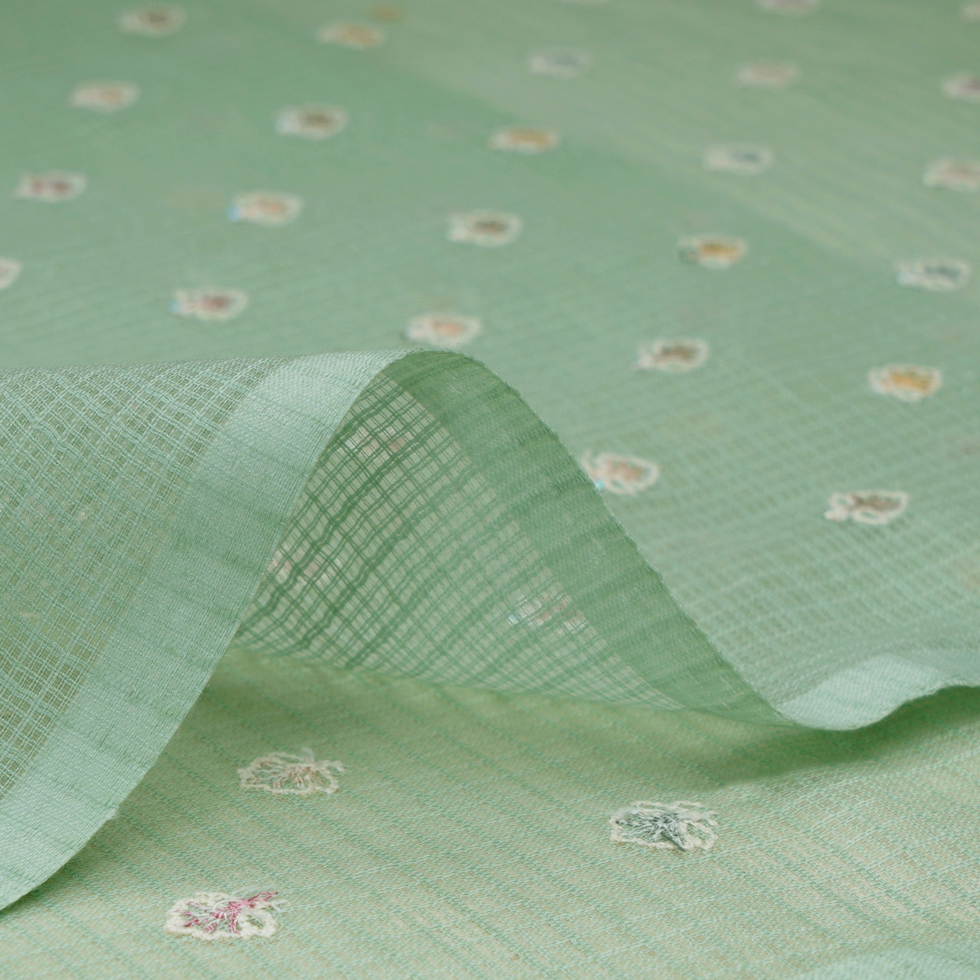 Pastel Green Booti Pattern Thread & Sequin Embroidered Cotton Kota Fabric