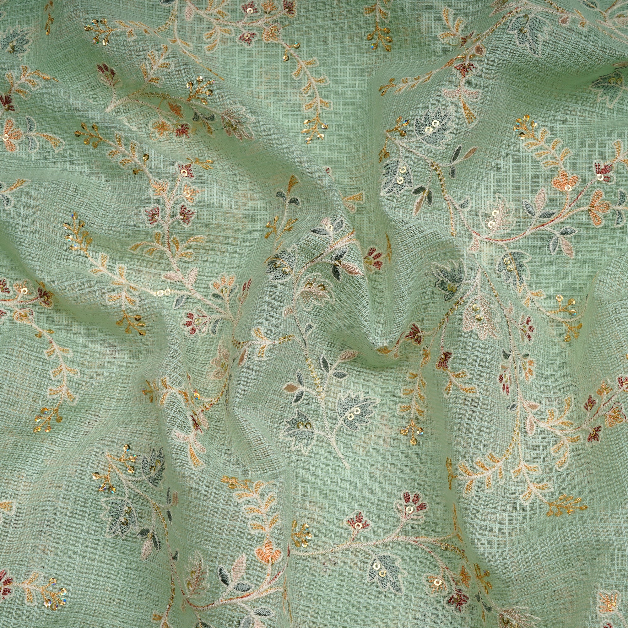 Pastel Green All Over Pattern Thread & Sequin Embroidered Cotton Kota Fabric