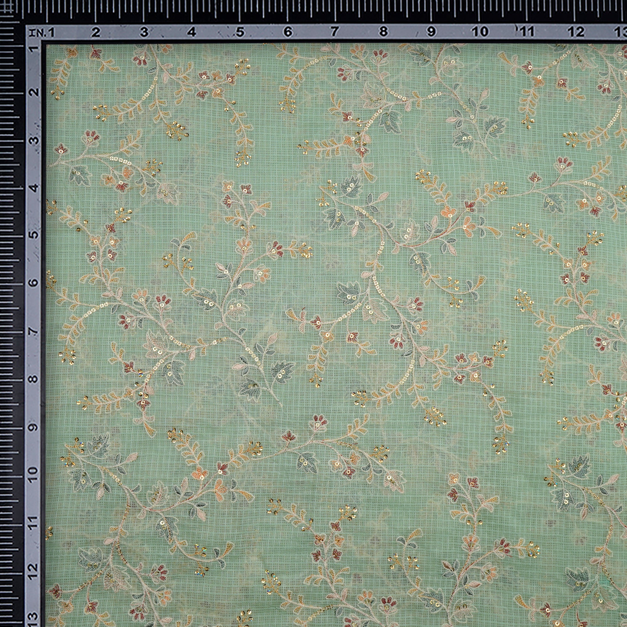 Pastel Green All Over Pattern Thread & Sequin Embroidered Cotton Kota Fabric