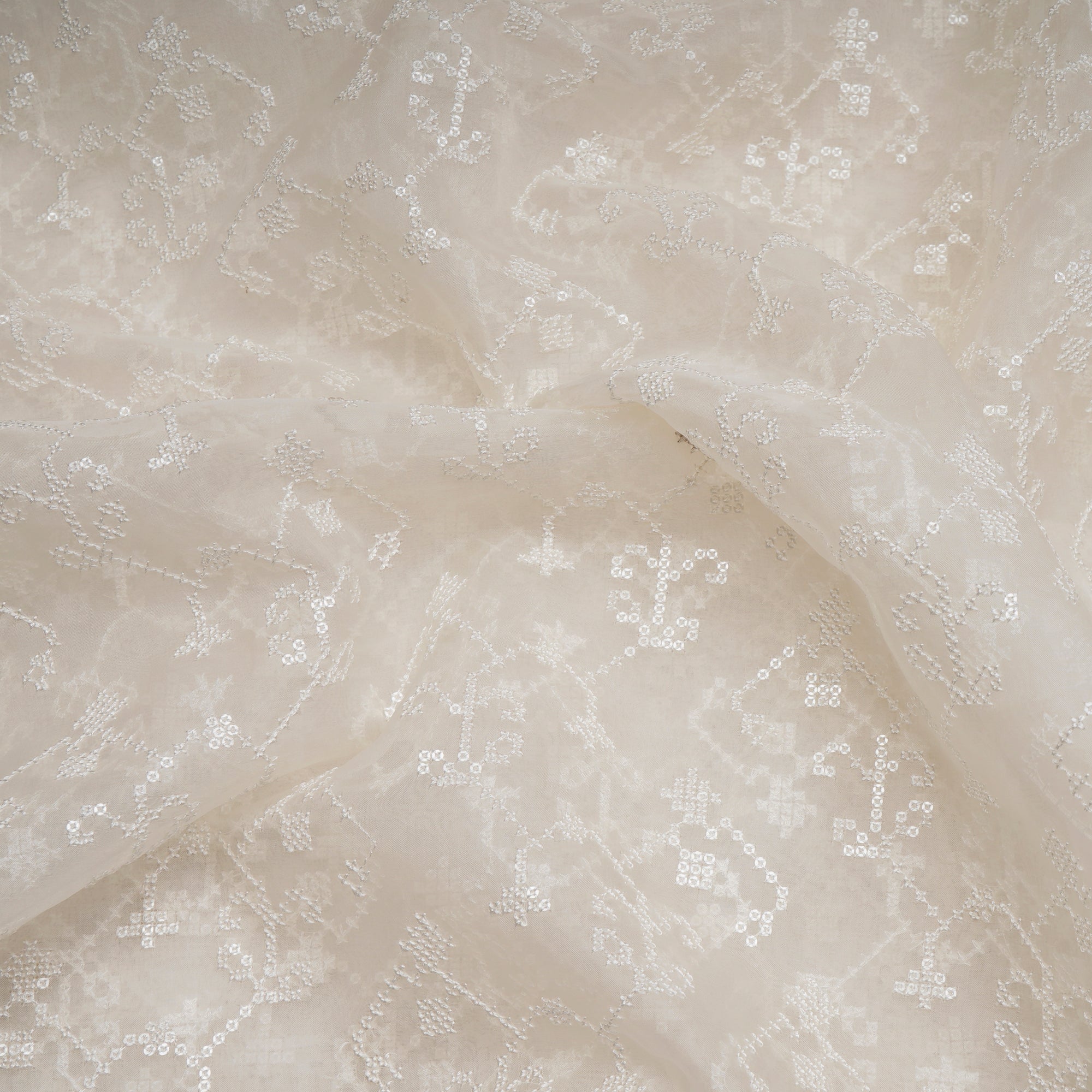 Off-White Dyeable All Over Pattern Thread & Sequin Embroidered Organza Silk Fabric