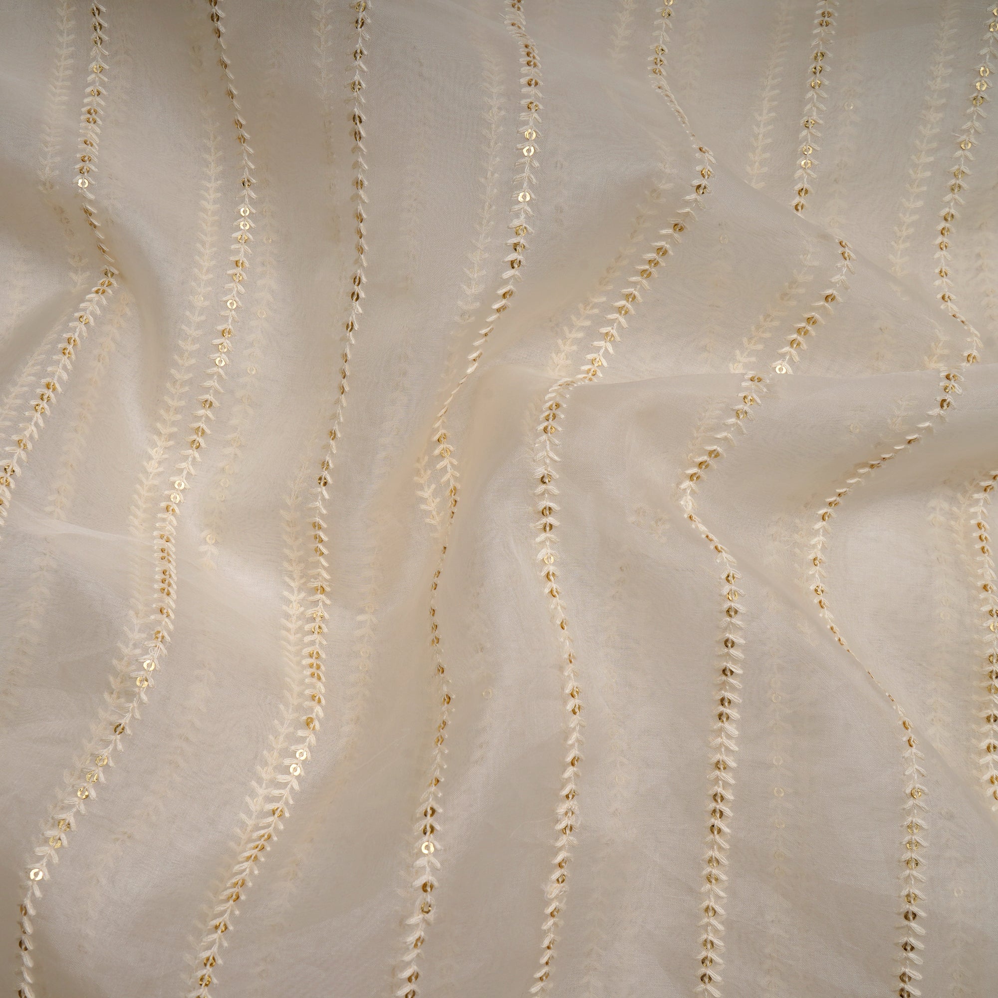 Off-White Dyeable Stripe Pattern Thread & Sequin Embroidered Organza Silk Fabric