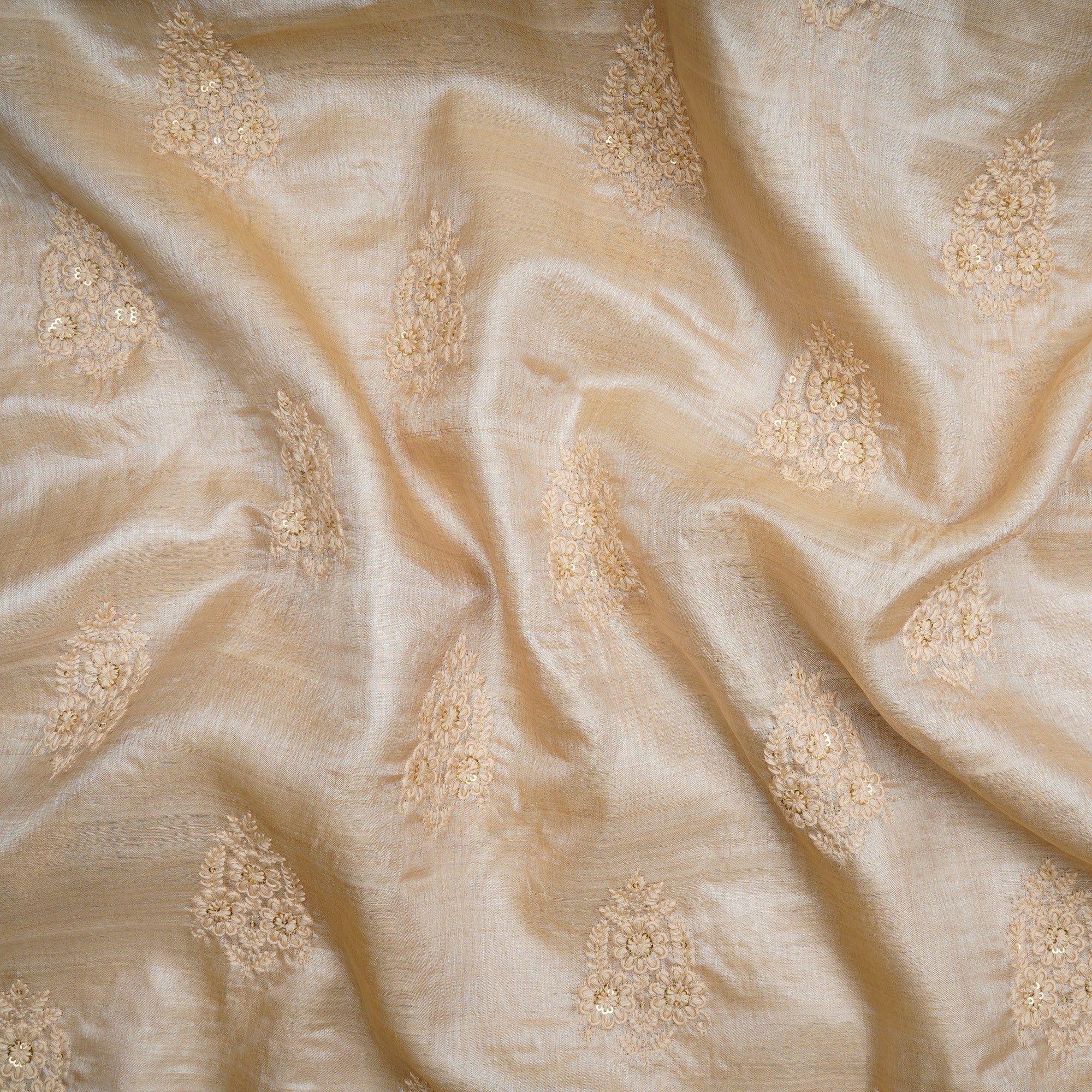 Natural Dyeable Motif Pattern Thread & Sequin Embroidered Tusser Silk Fabric