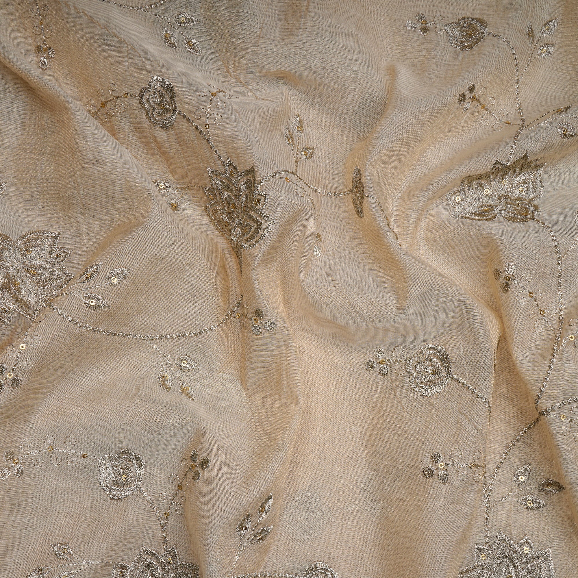 White-Gold Dyeable Floral Pattern Thread & Sequin Embroidered Tissue Chanderi Fabric