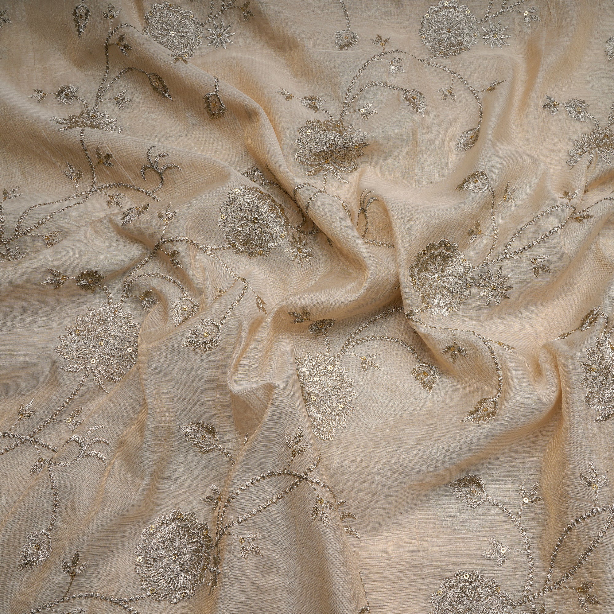 White-Gold Dyeable Floral Pattern Thread & Sequin Embroidered Tissue Chanderi Fabric