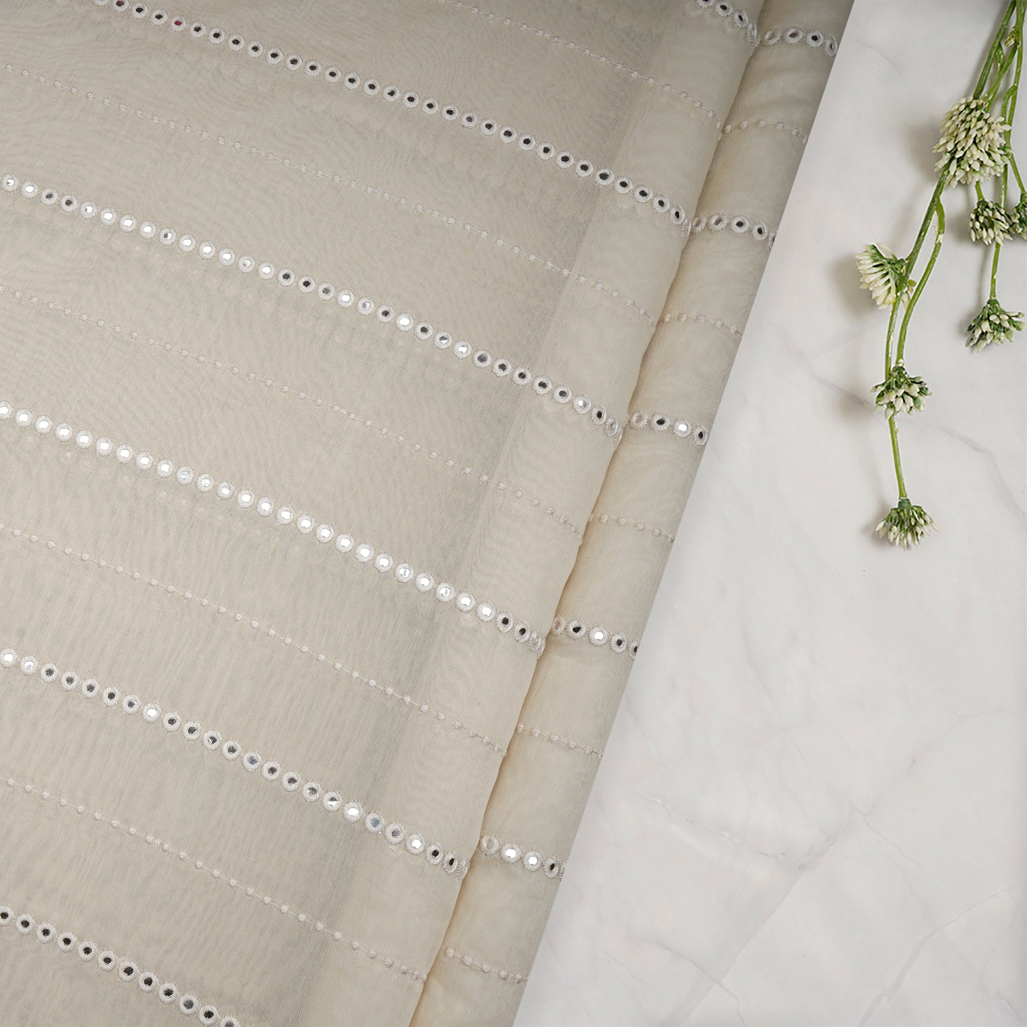 Off-White Dyeable Stripe Pattern Thread & Sequin Embroidered Chanderi Fabric