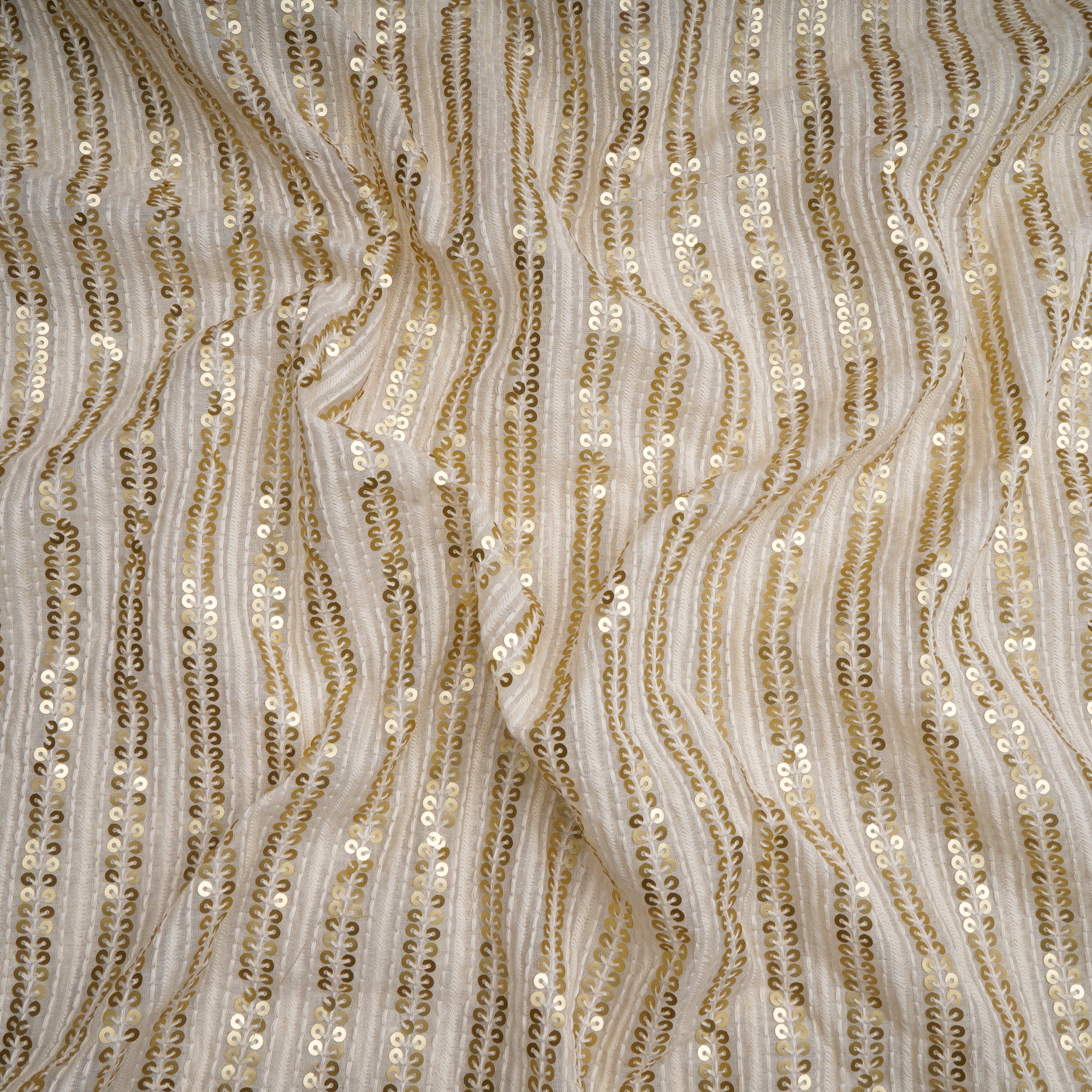 Off-White Dyeable Stripe Pattern Thread & Sequin Embroidered Chanderi Fabric