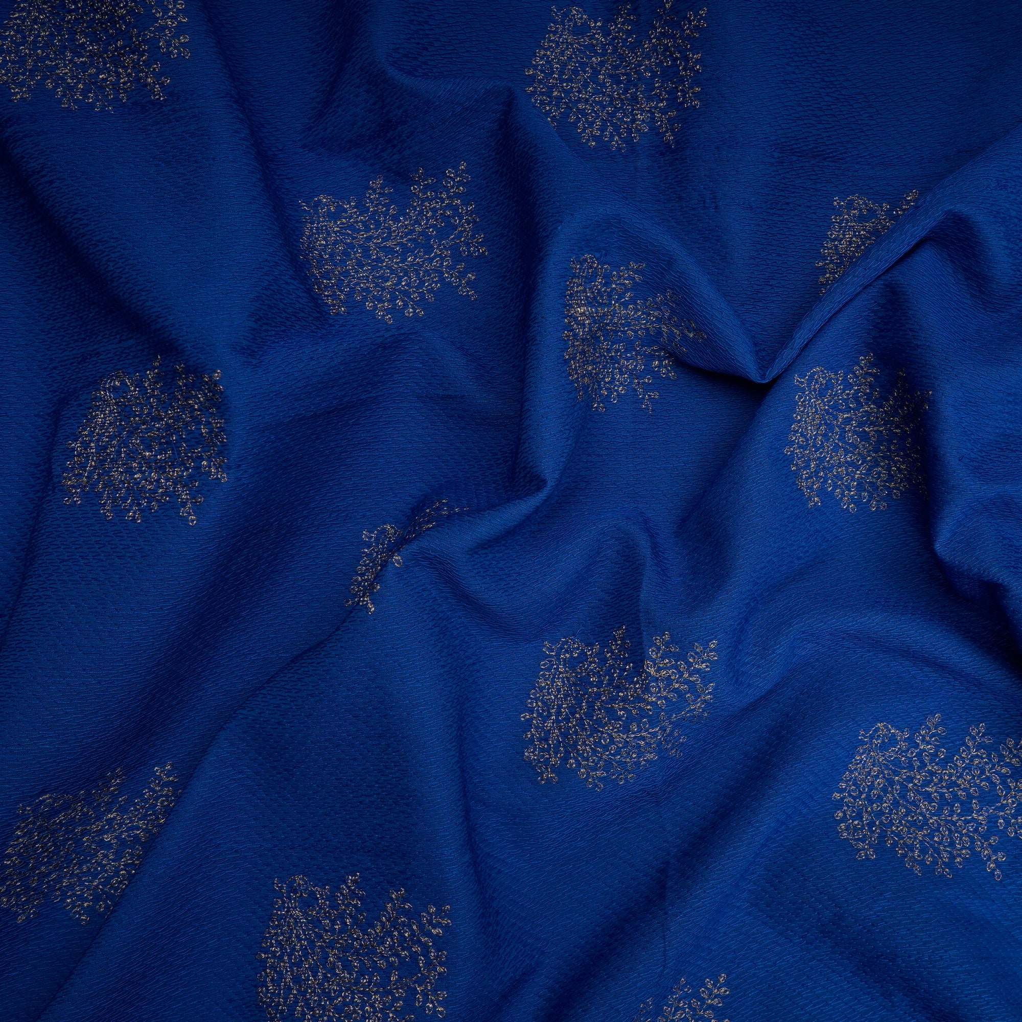 Royal Blue Motif Pattern Thread Embroidered Voile Fabric