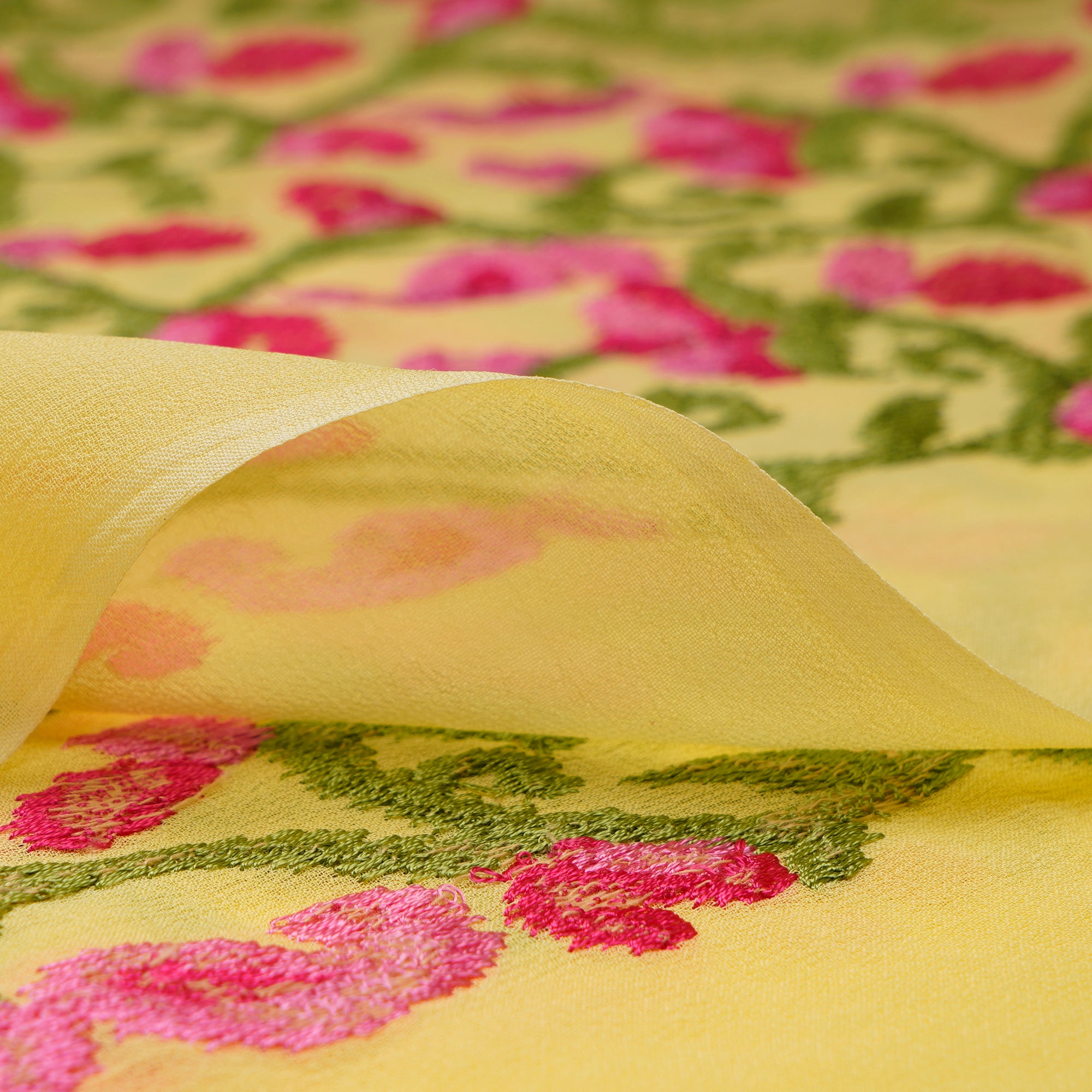 Light Yellow Floral Pattern Thread Embroidered Georgette Fabric