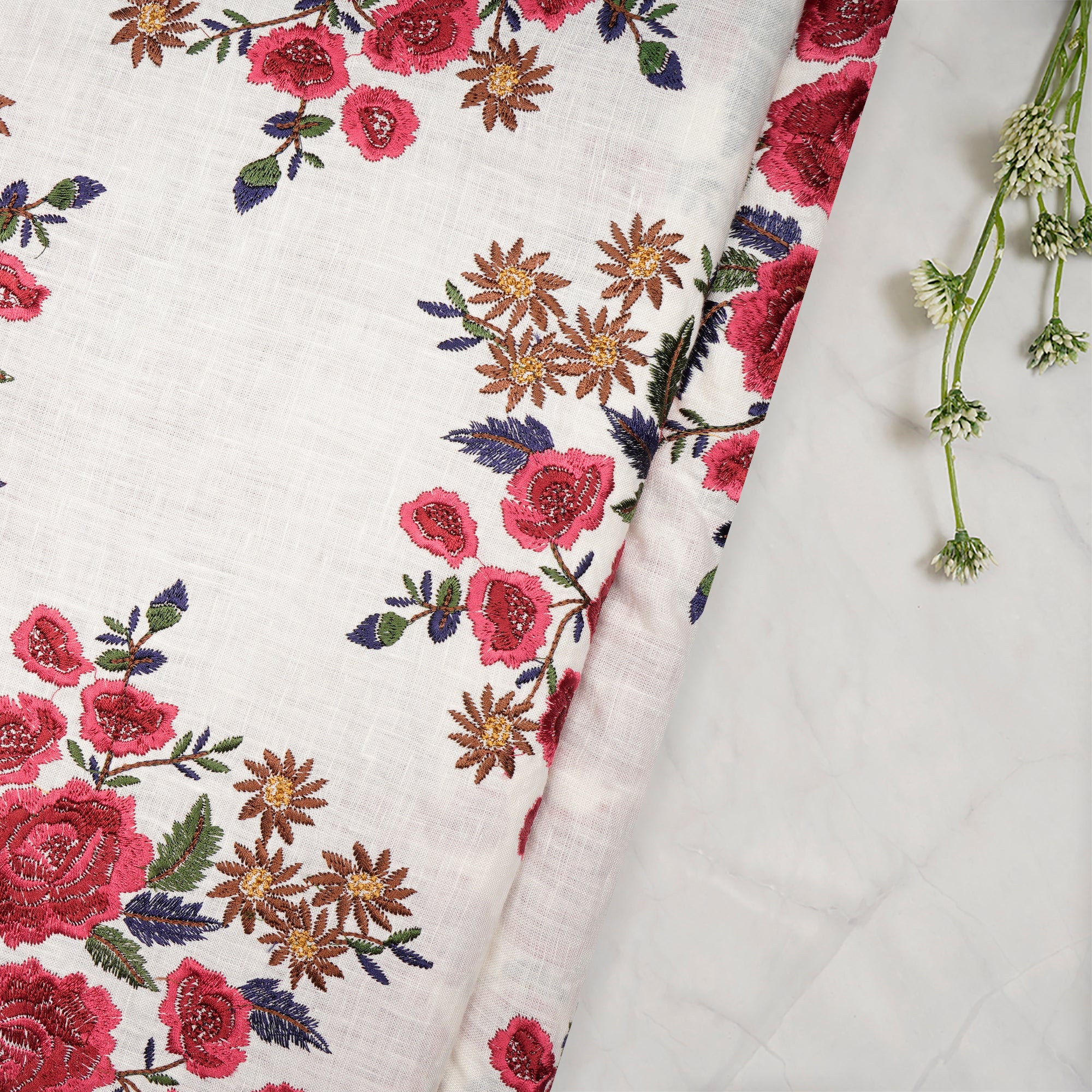 White-Red Color Embroidered Linen Fabric